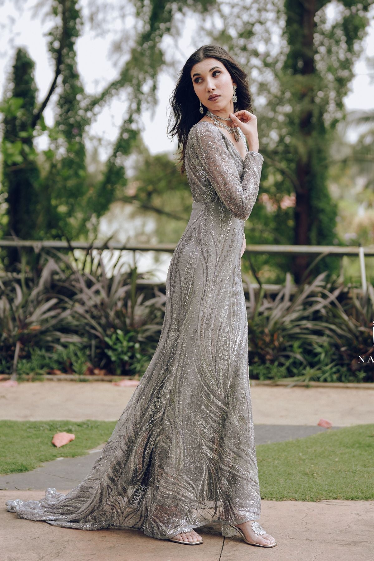 Silver Embellished Evening  cocktail Gown
