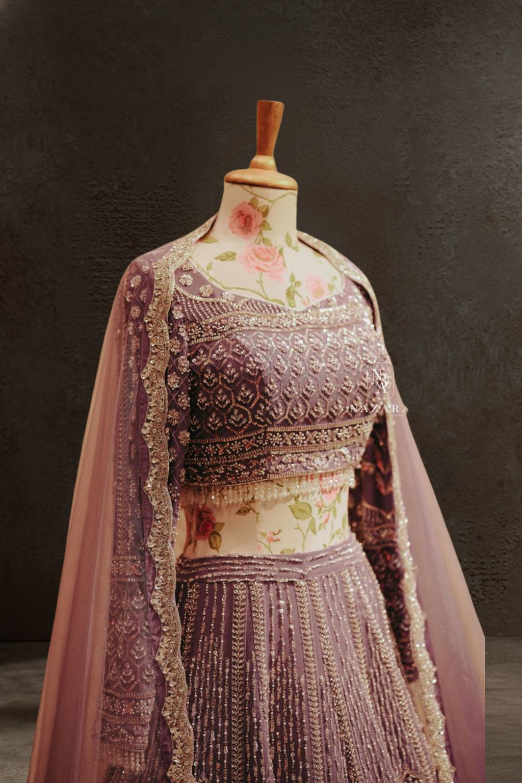 Lavender Hand-Embroidered Bridal Lehenga Set