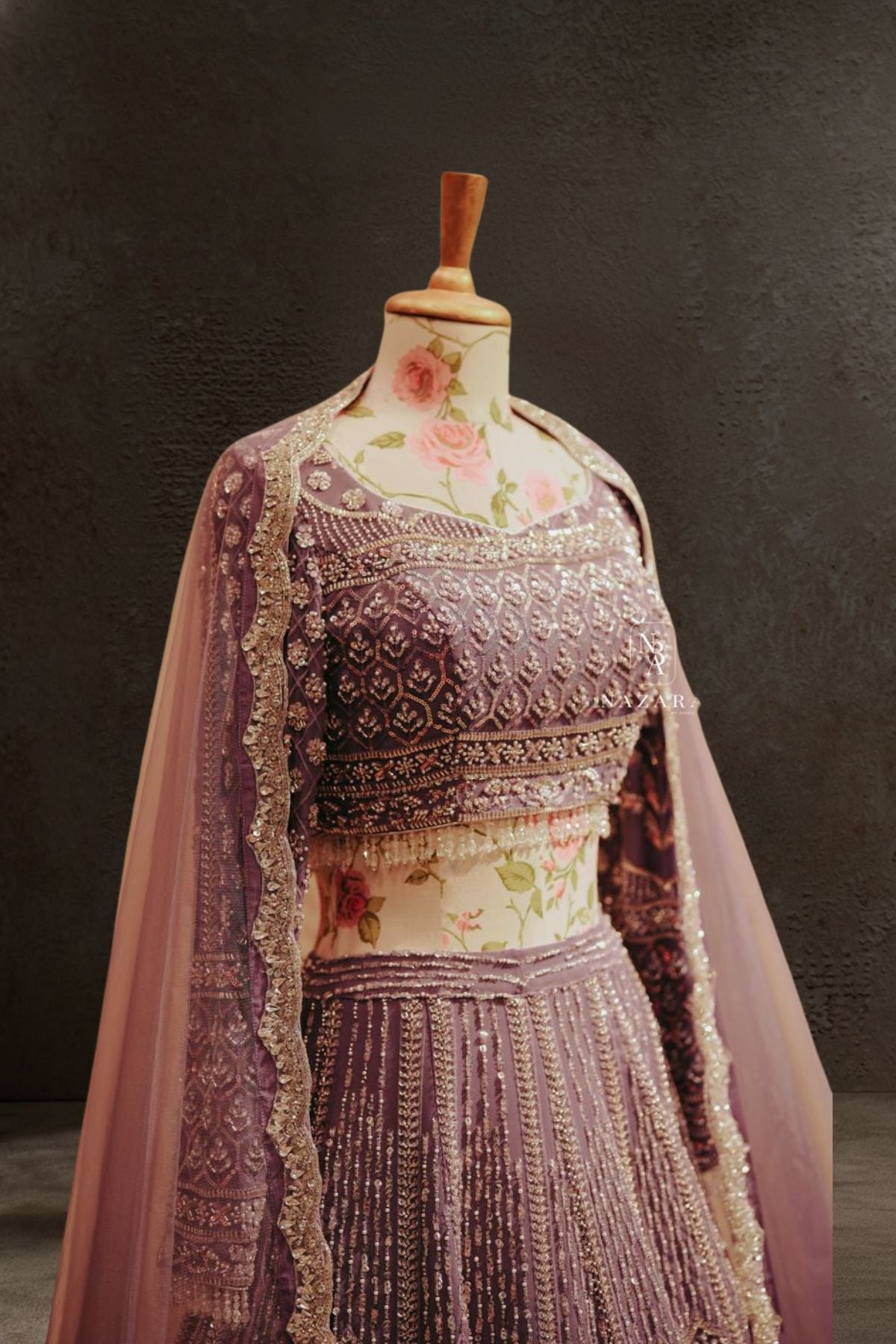 Lavender Hand-Embroidered Bridal Lehenga Set