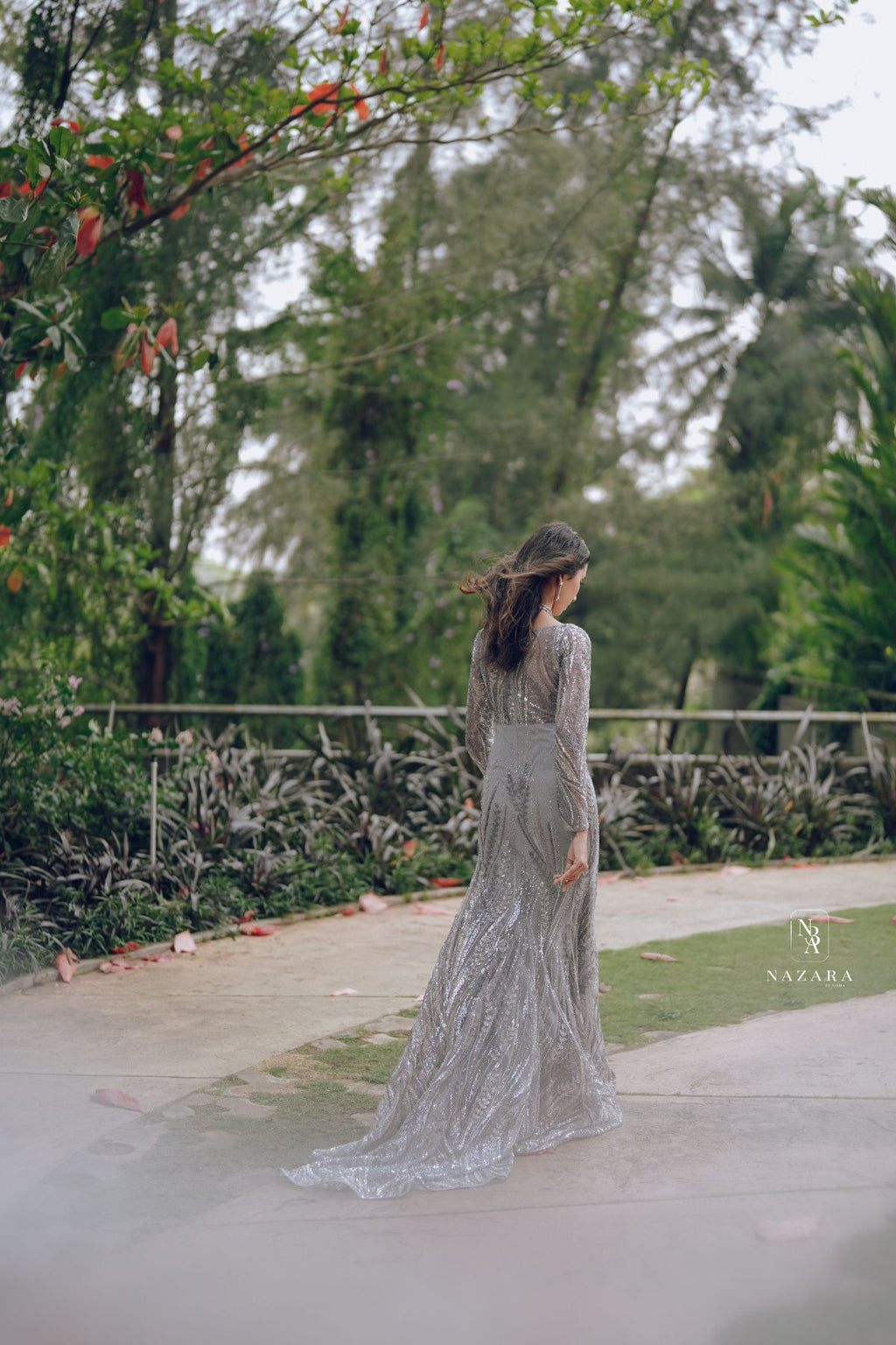 Silver Embellished Evening  cocktail Gown