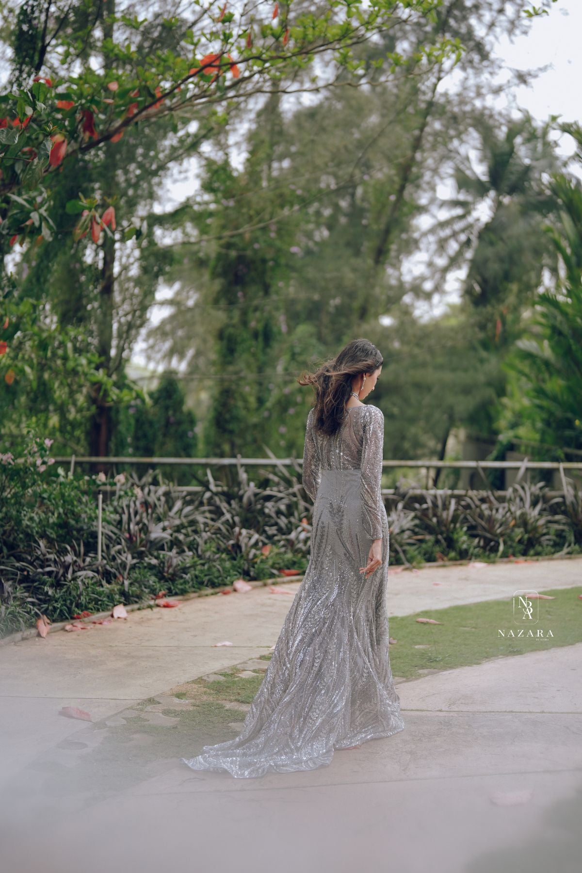 Silver Embellished Evening  cocktail Gown