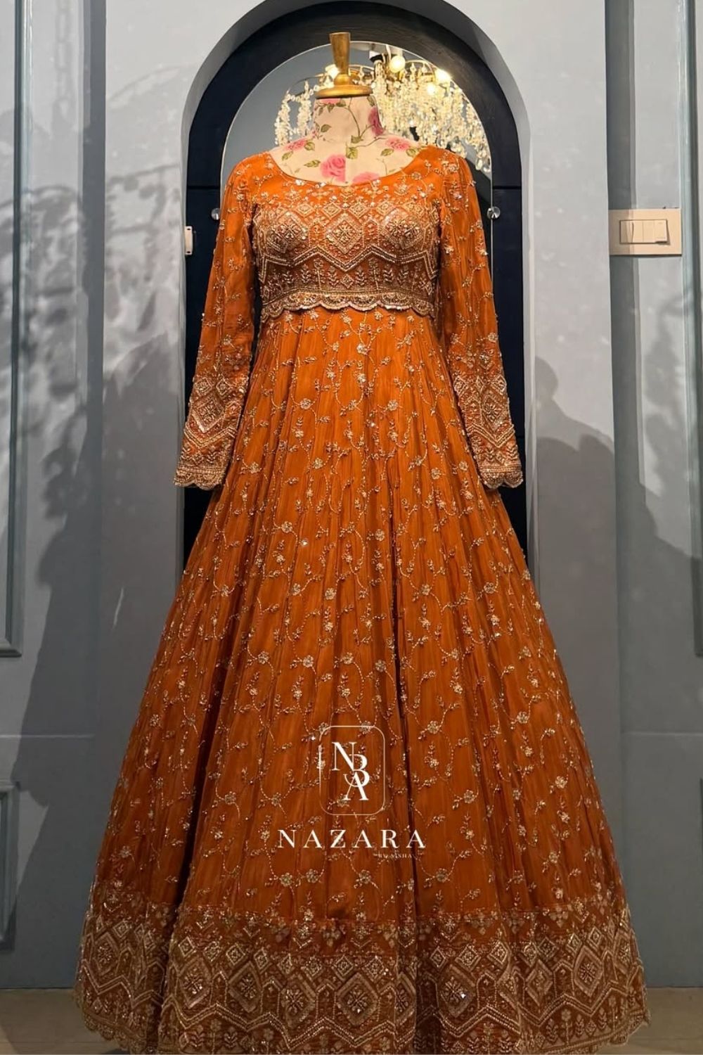 Noor-e-Mehndi – Luxury Brick Orange Embroidered Bridal Gown Set