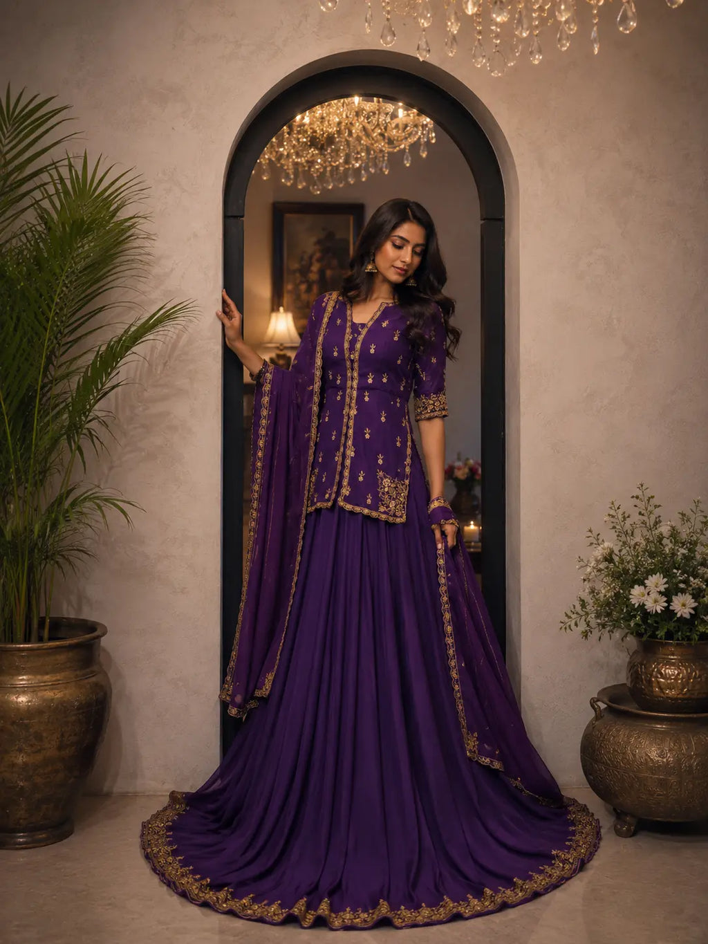 Royal Purple Lehenga with Golden Embroidery Elegant Anarkali