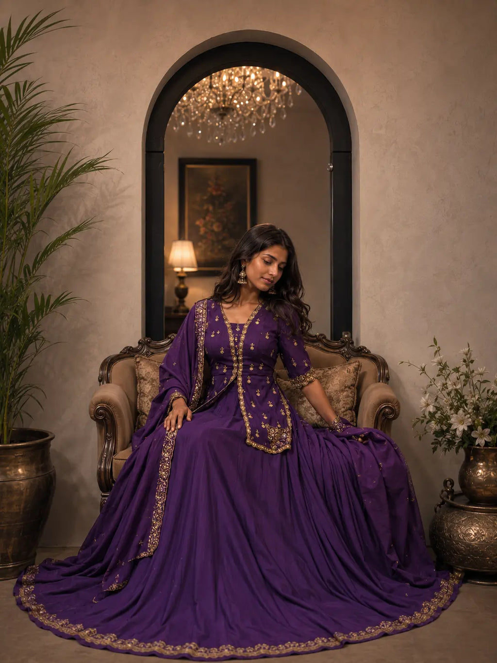 Royal Purple Lehenga with Golden Embroidery Elegant Anarkali