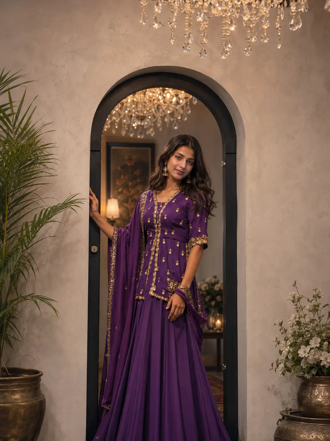 Royal Purple Lehenga with Golden Embroidery Elegant Anarkali