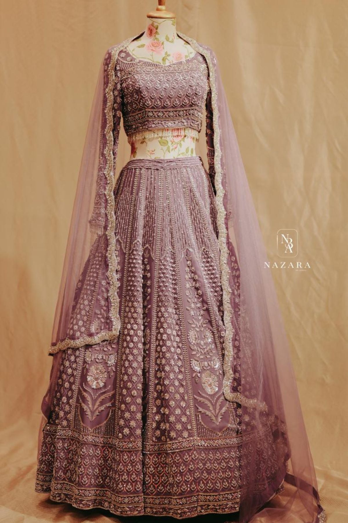 Lavender Hand-Embroidered Bridal Lehenga Set