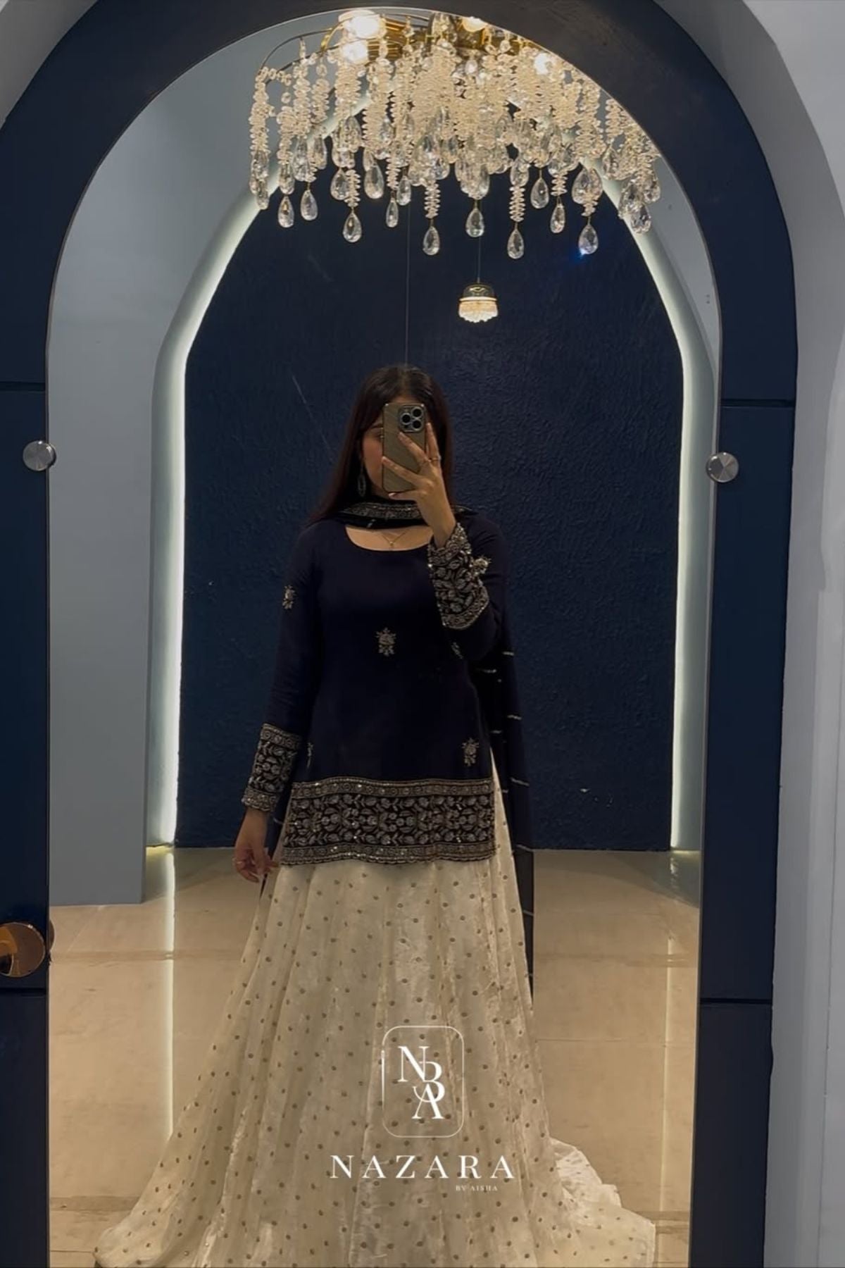 Navy Blue Embroidered Short Top with Off-White Velvet Buta Lehenga Set