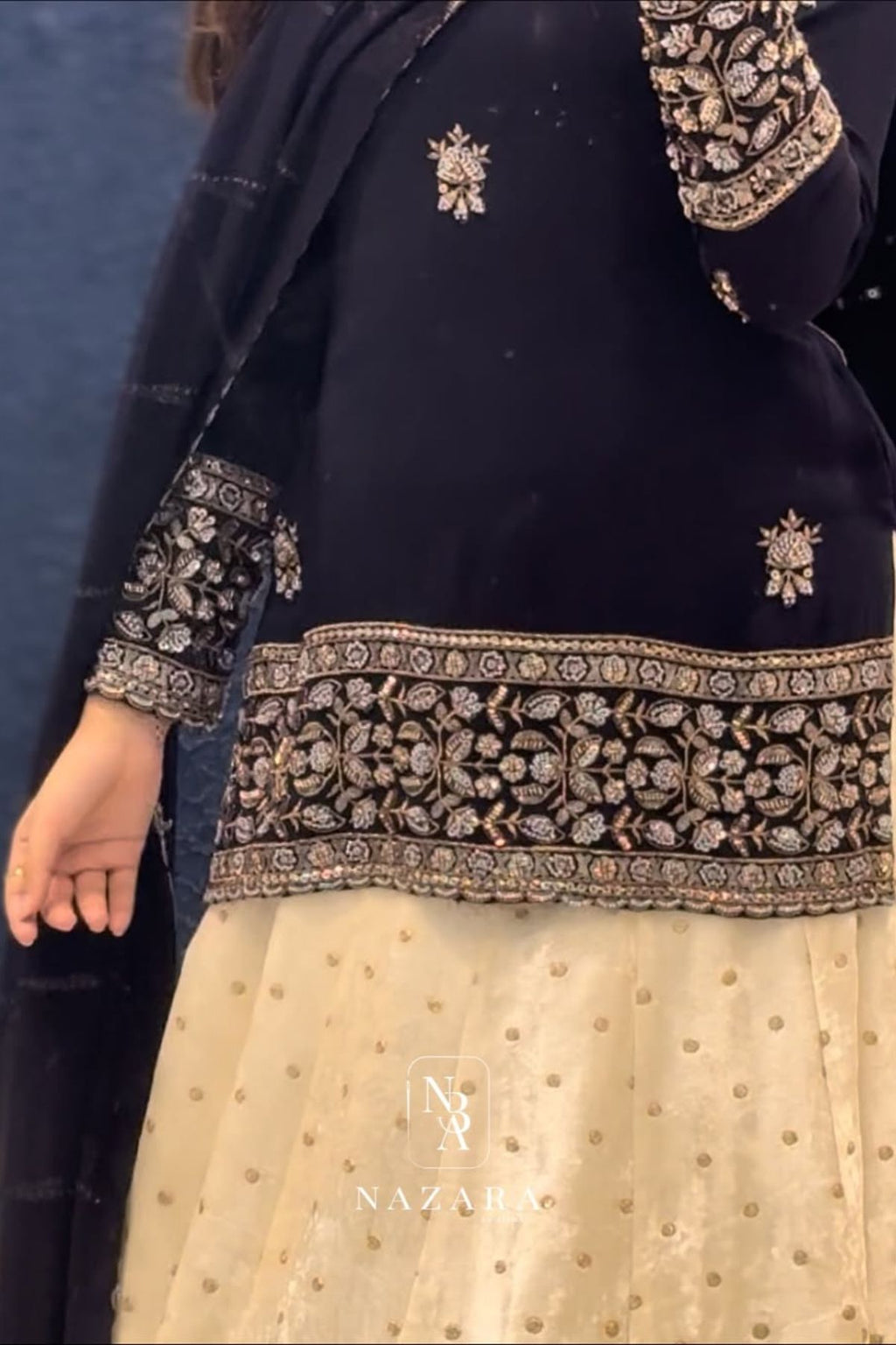 Navy Blue Embroidered Short Top with Off-White Velvet Buta Lehenga Set