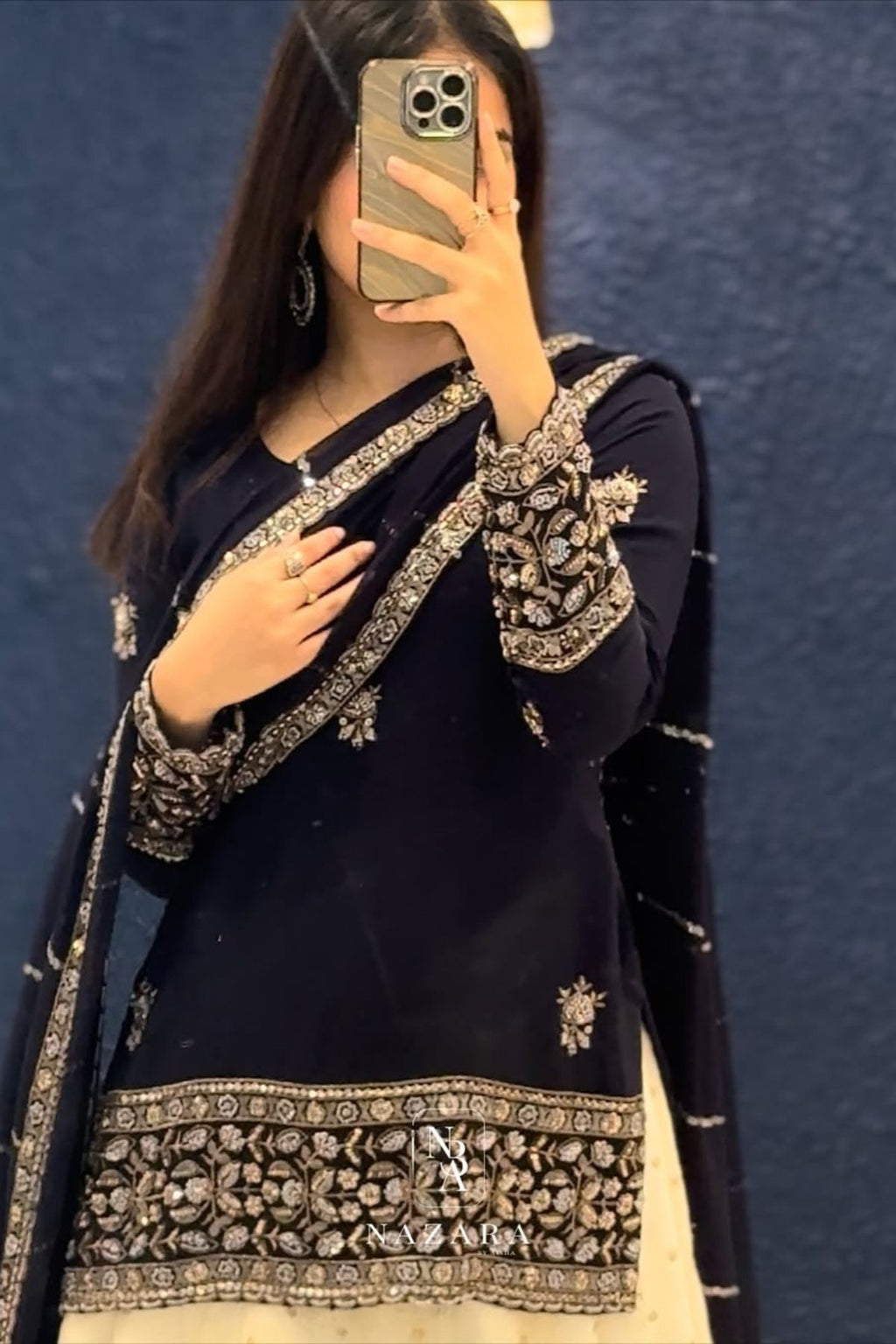 Navy Blue Embroidered Short Top with Off-White Velvet Buta Lehenga Set