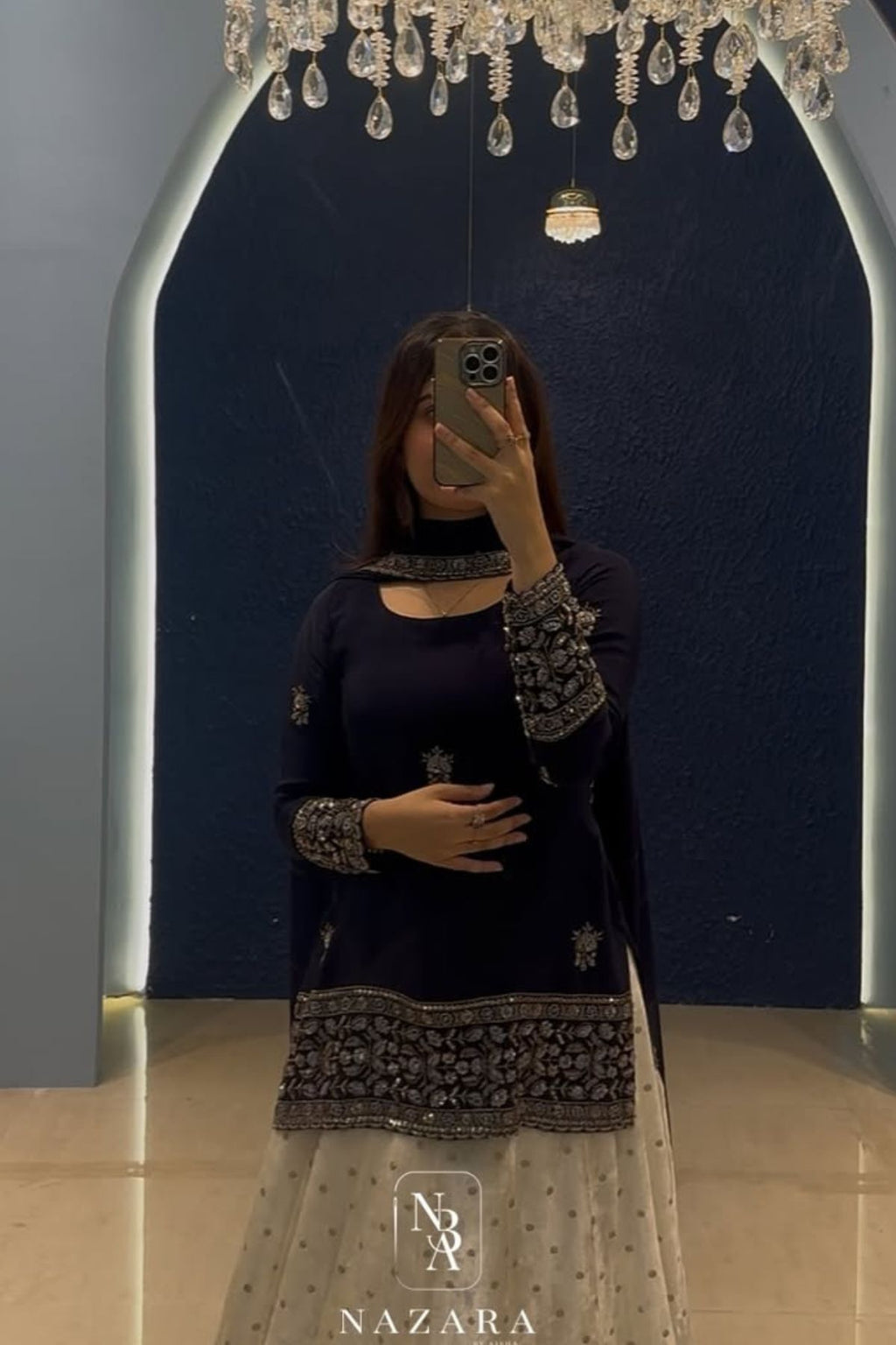 Navy Blue Embroidered Short Top with Off-White Velvet Buta Lehenga Set