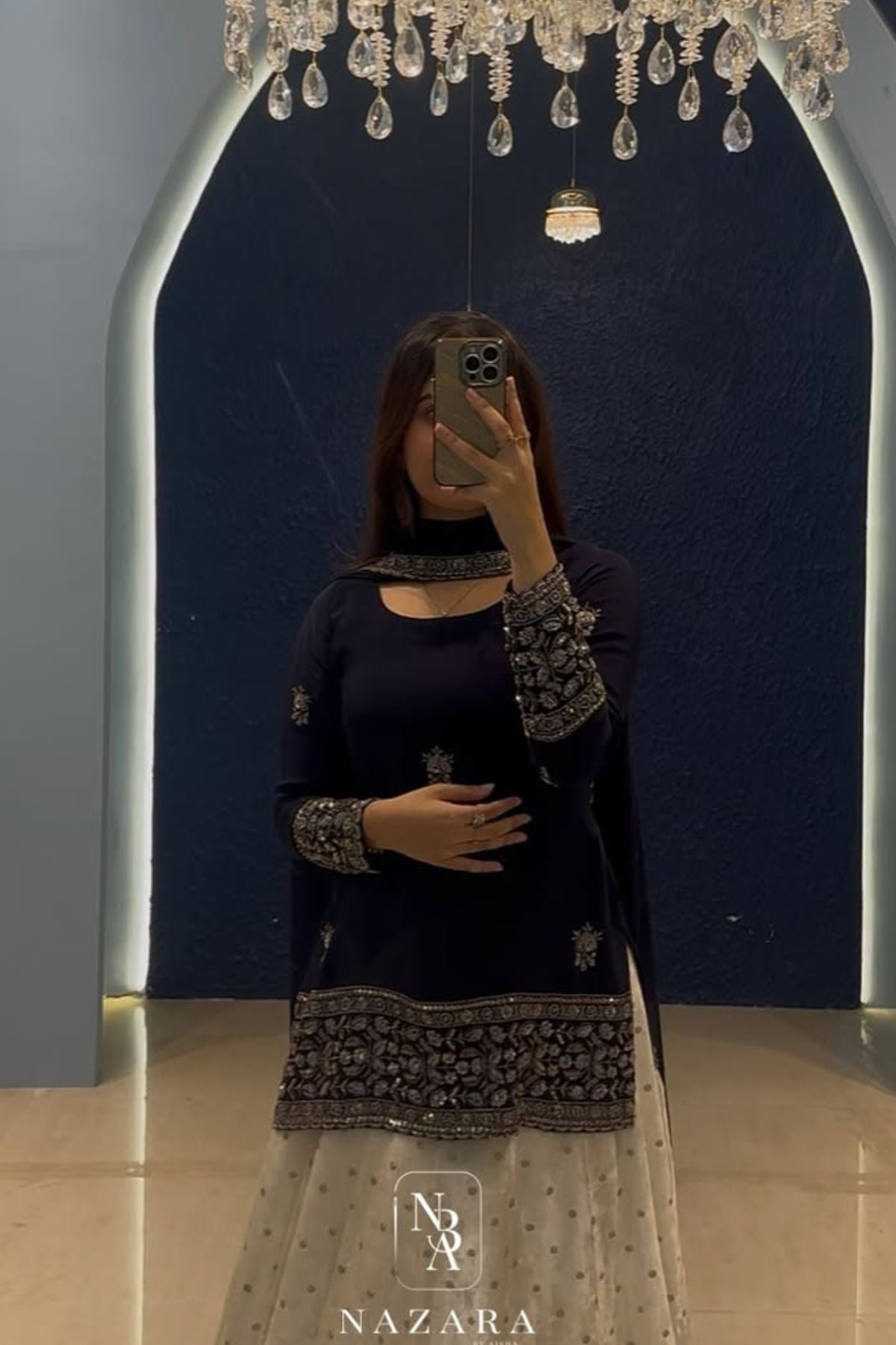 Navy Blue Embroidered Short Top with Off-White Velvet Buta Lehenga Set