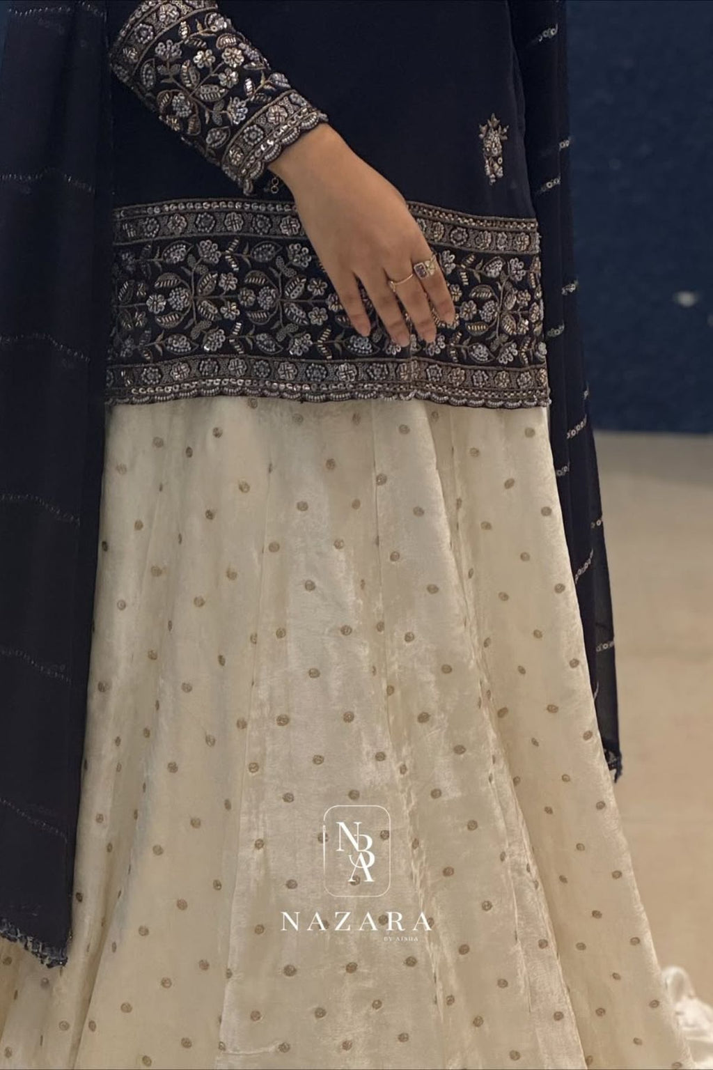 Navy Blue Embroidered Short Top with Off-White Velvet Buta Lehenga Set