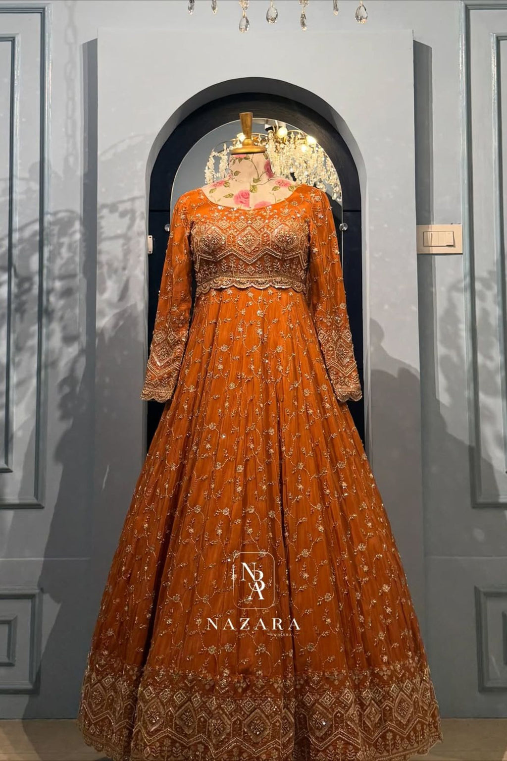 Noor-e-Mehndi – Luxury Brick Orange Embroidered Bridal Gown Set