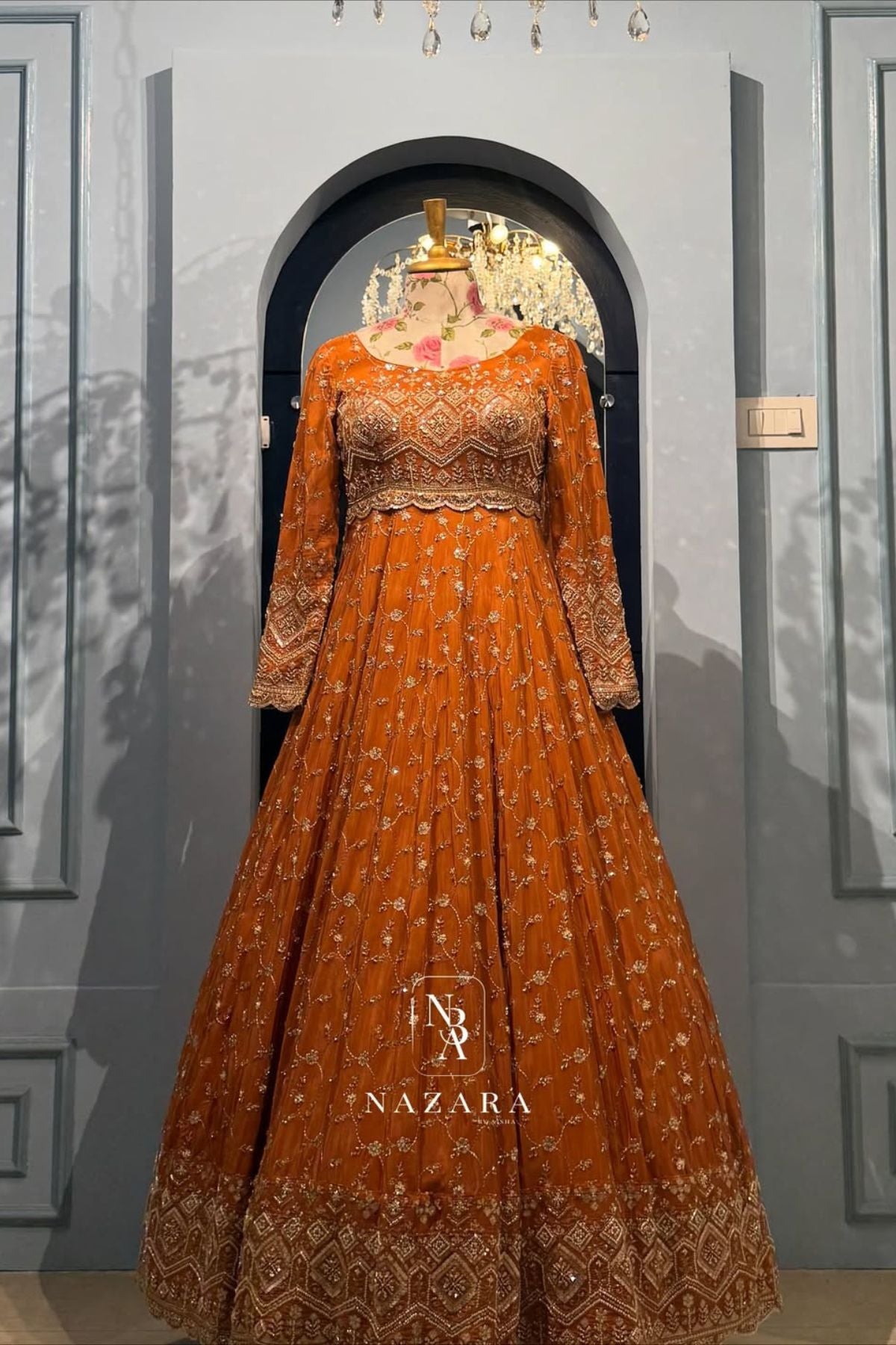 Noor-e-Mehndi – Luxury Brick Orange Embroidered Bridal Gown Set