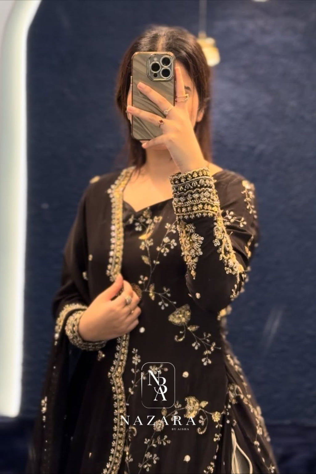 Black Embroidered Top with Grey Organza Silk Lehenga Set