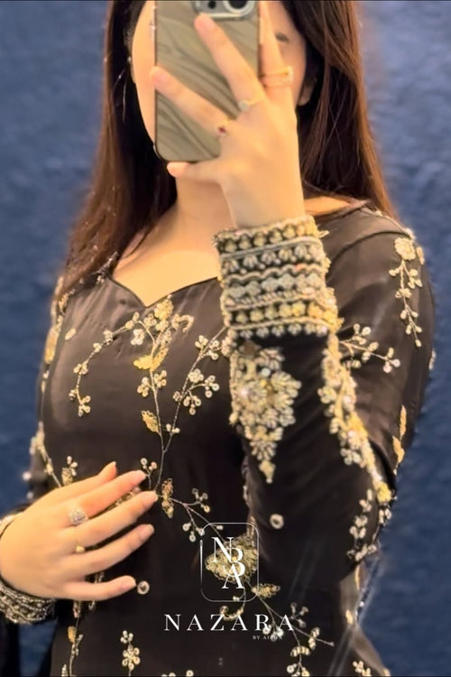 Black Embroidered Top with Grey Organza Silk Lehenga Set