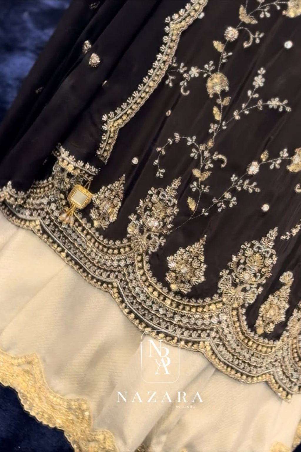 Black Embroidered Top with Grey Organza Silk Lehenga Set