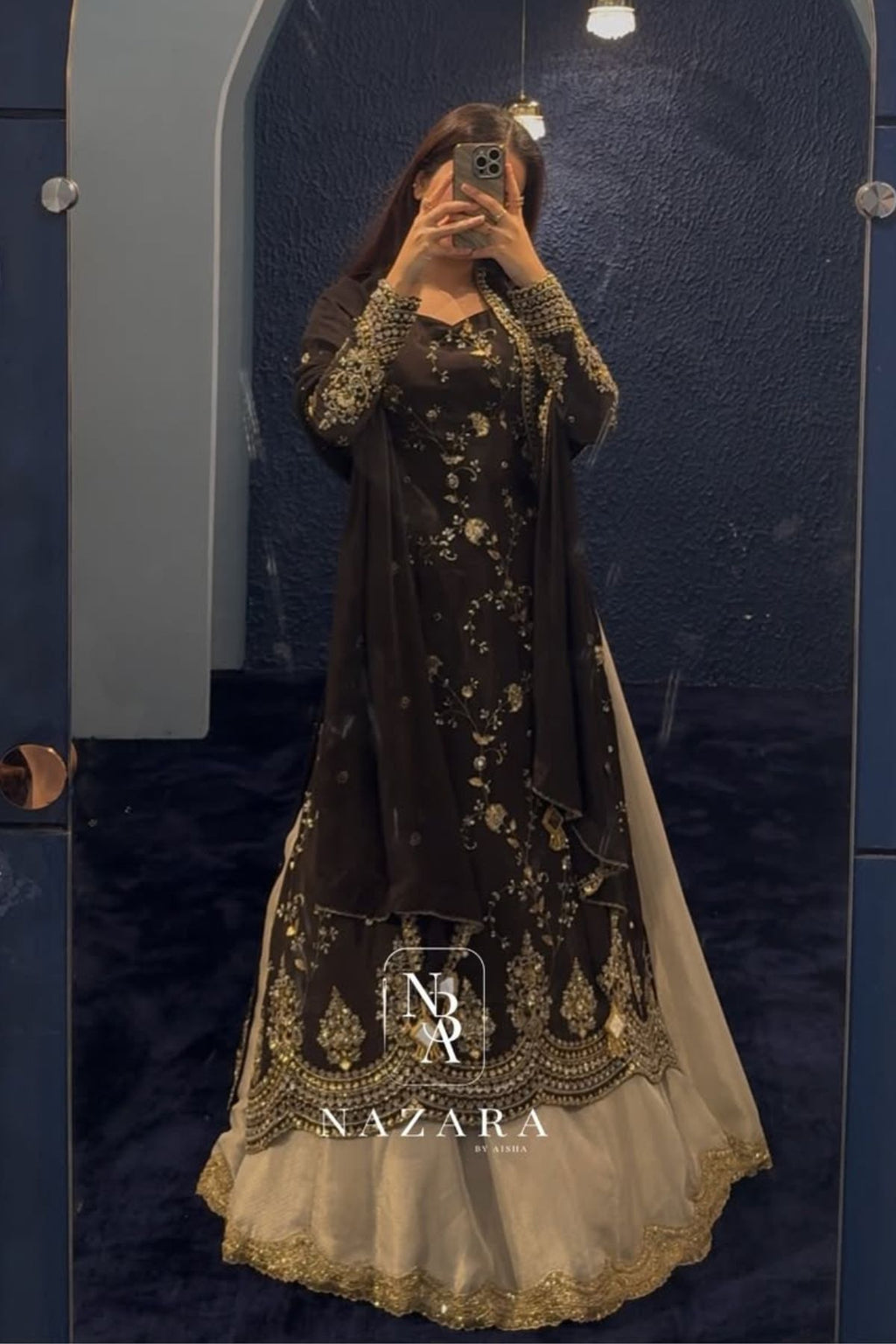 Black Embroidered Top with Grey Organza Silk Lehenga Set