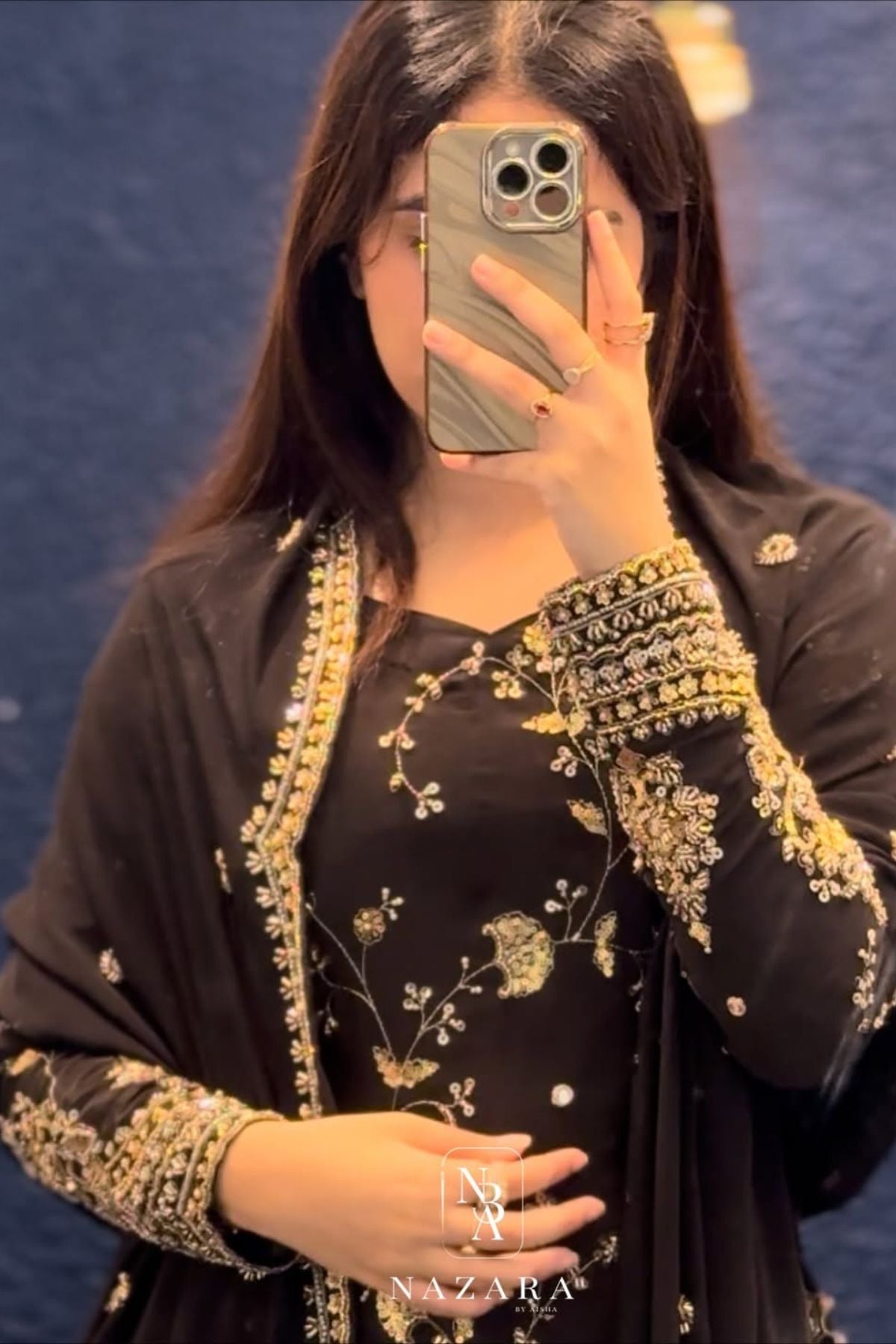 Black Embroidered Top with Grey Organza Silk Lehenga Set