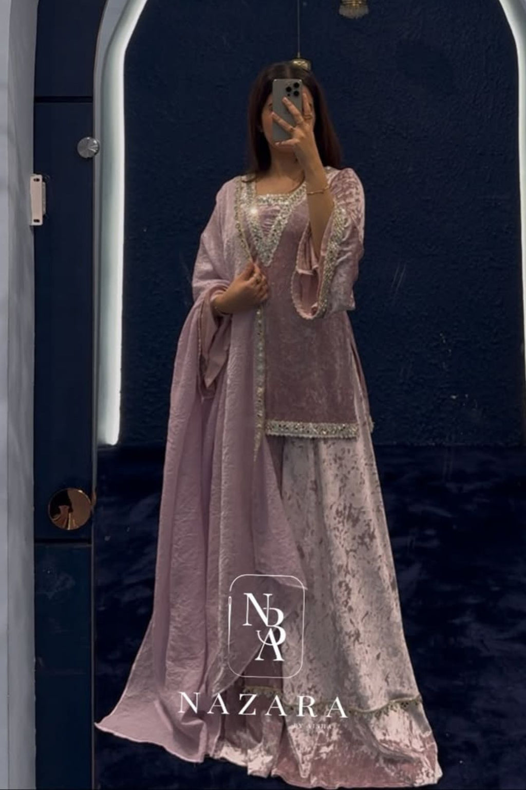 Velvet Short Top with Umbrella Palazzo & Organza Dupatta Set