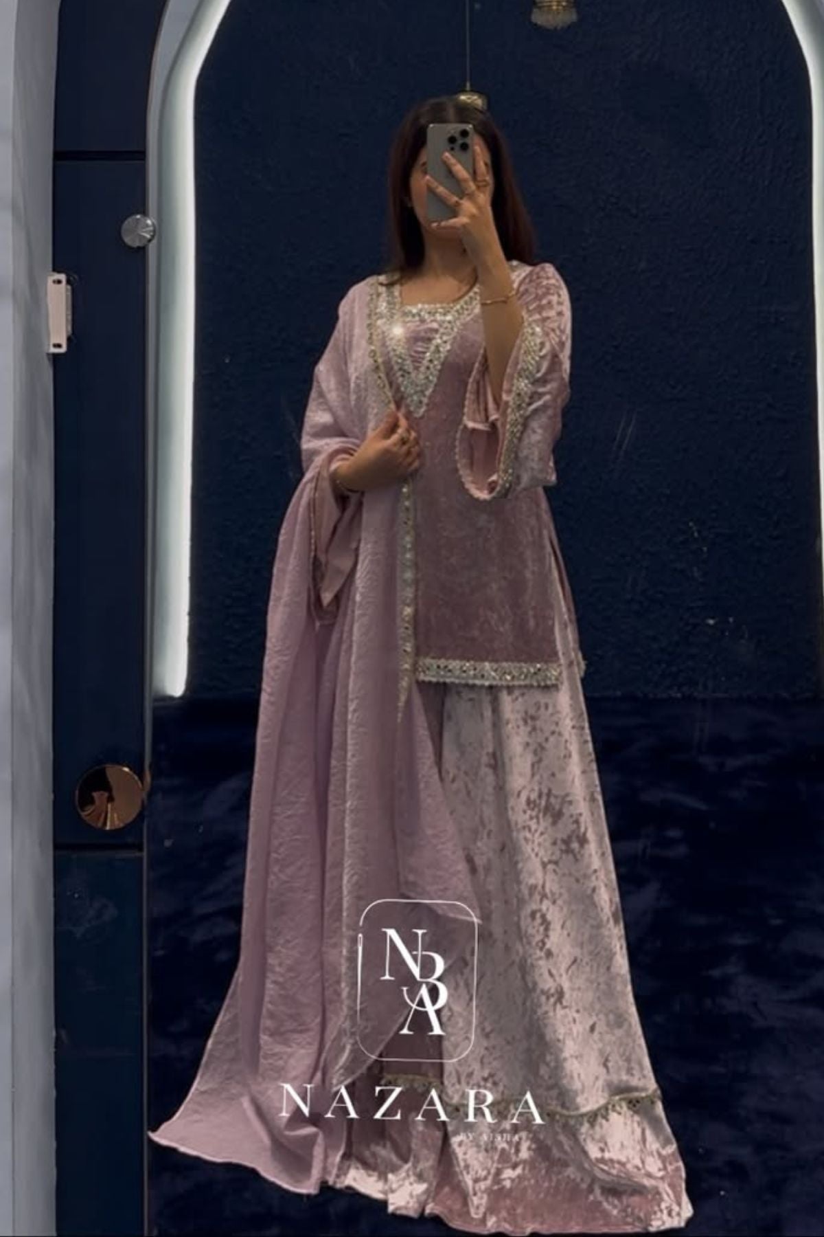 Velvet Short Top with Umbrella Palazzo & Organza Dupatta Set