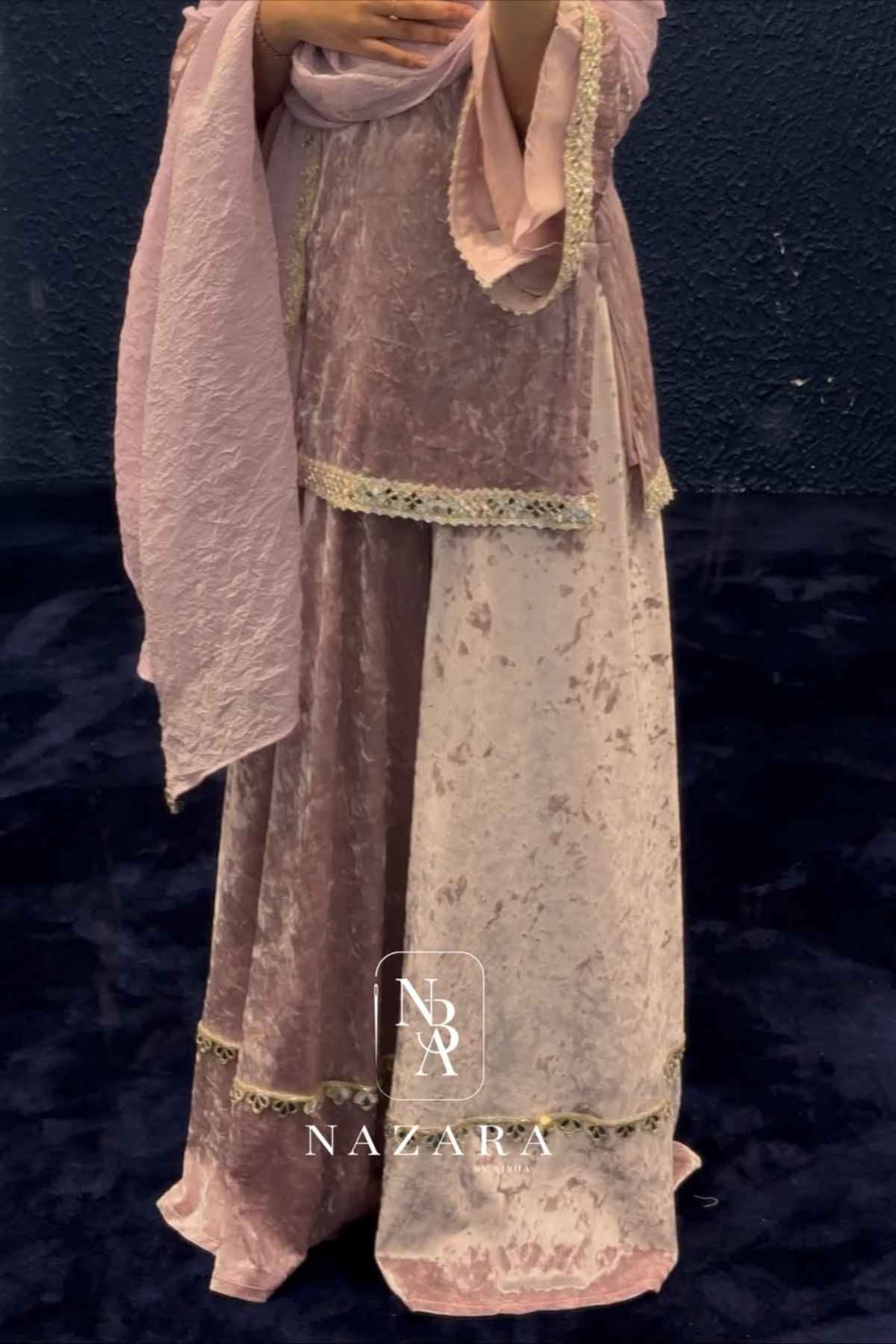 Velvet Short Top with Umbrella Palazzo & Organza Dupatta Set