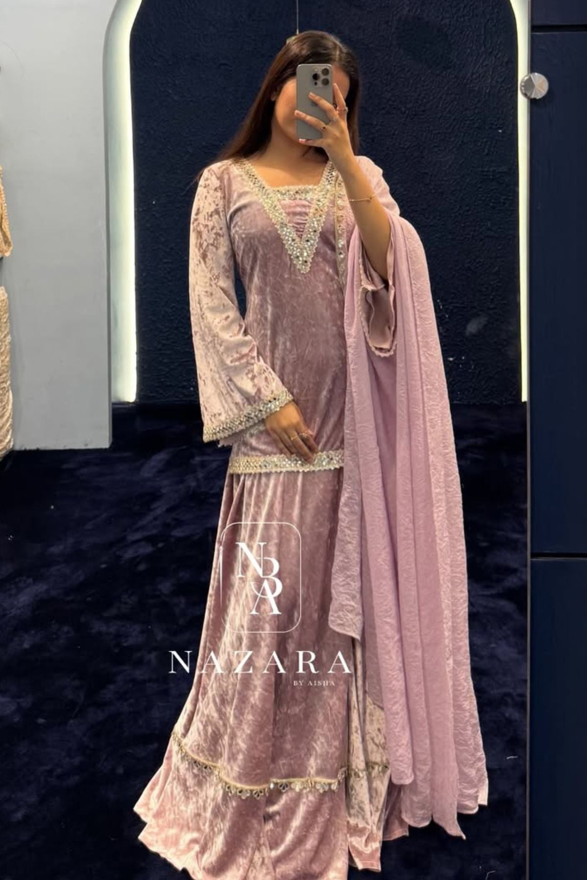 Velvet Short Top with Umbrella Palazzo & Organza Dupatta Set