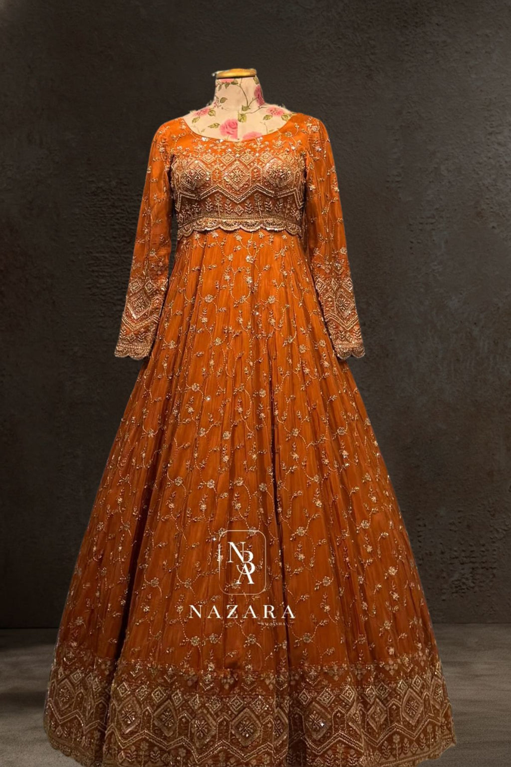 Noor-e-Mehndi – Luxury Brick Orange Embroidered Bridal Gown Set
