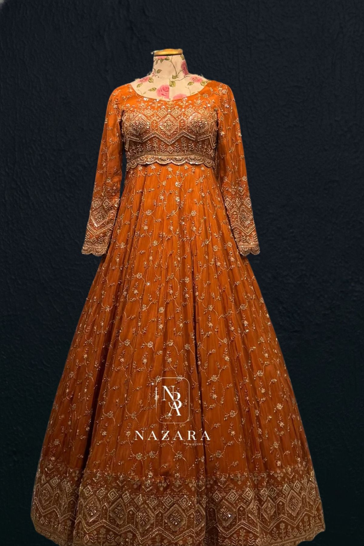 Noor-e-Mehndi – Luxury Brick Orange Embroidered Bridal Gown Set