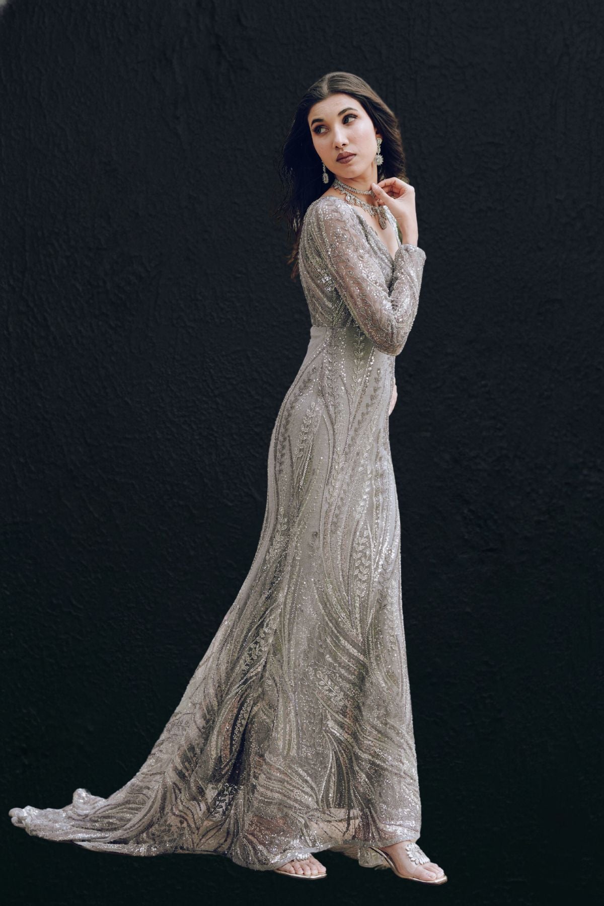 Silver Embellished Evening  cocktail Gown
