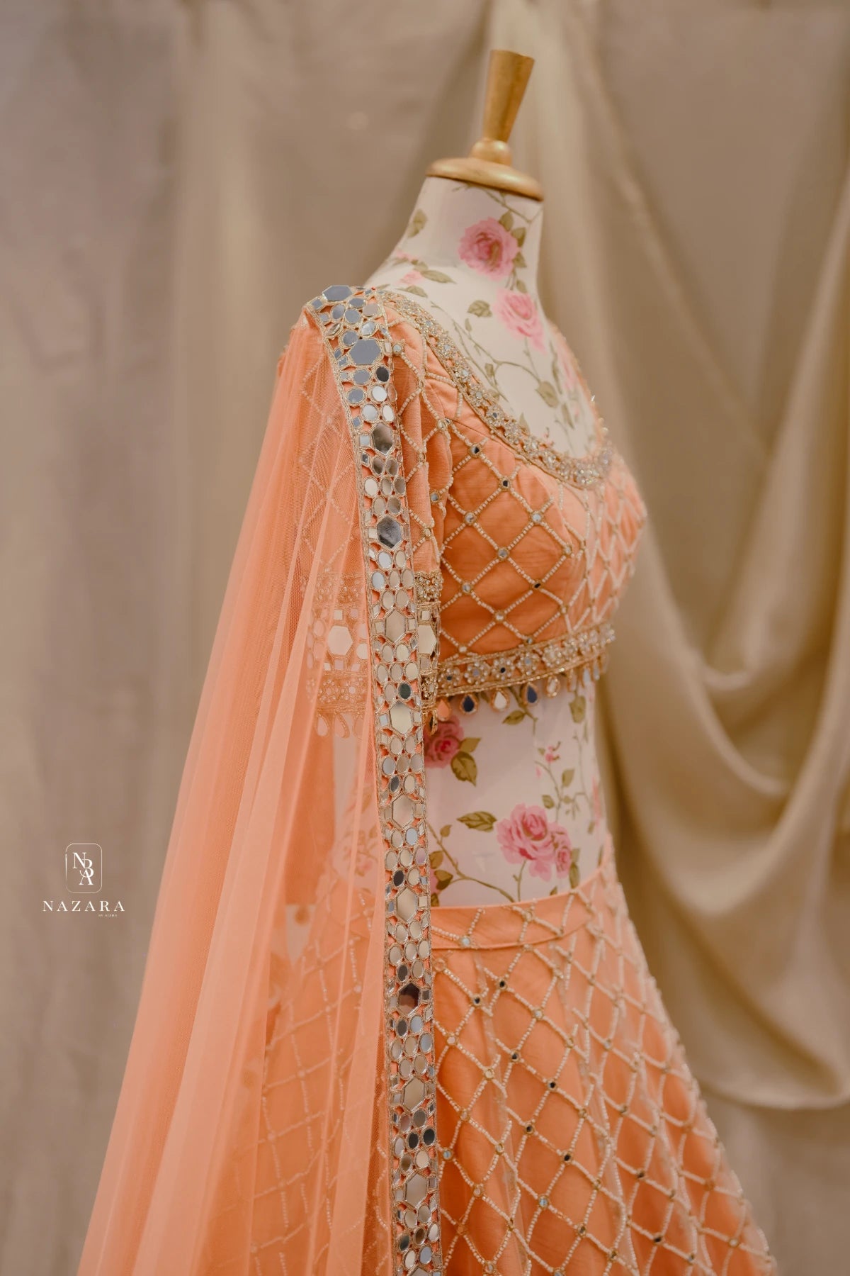 Peach Mirror Work Lehenga Set