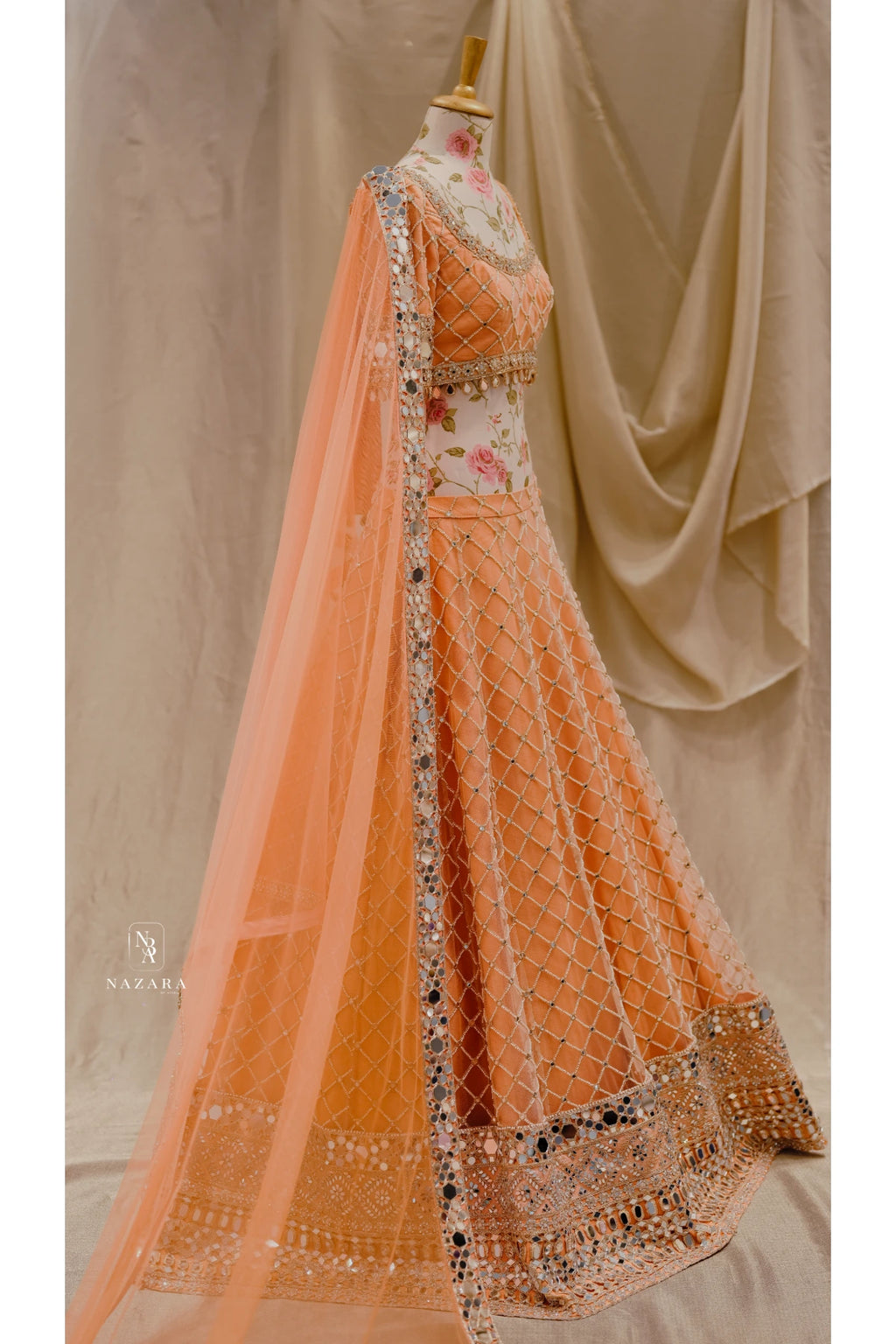 Peach Mirror Work Lehenga Set