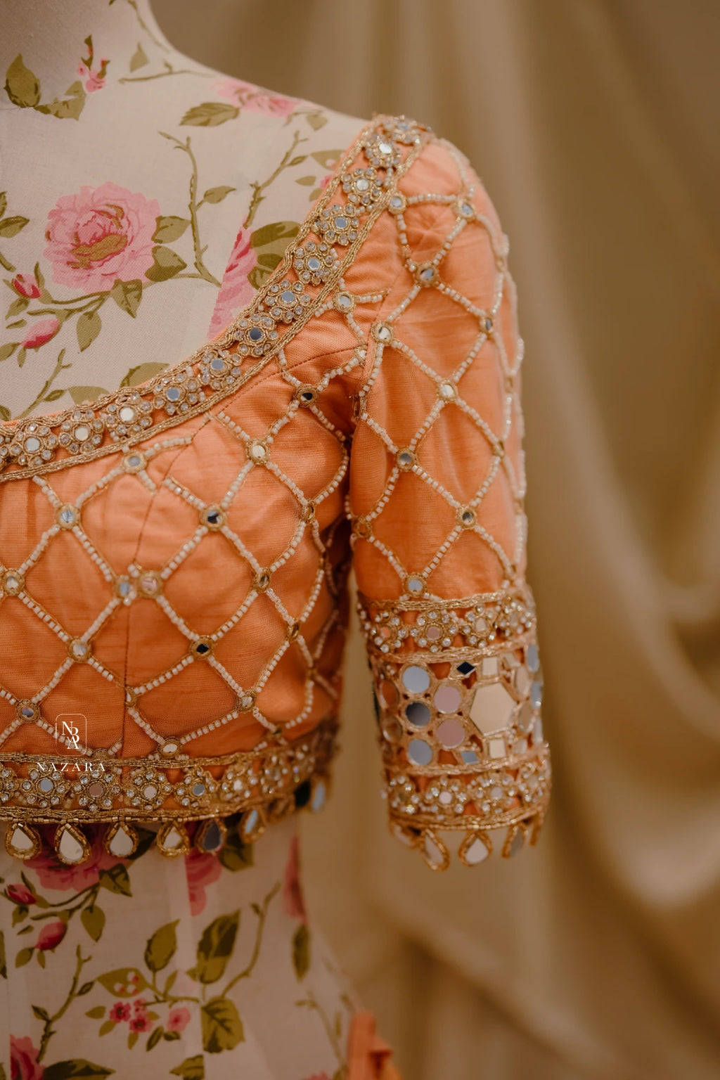 Peach Mirror Work Lehenga Set