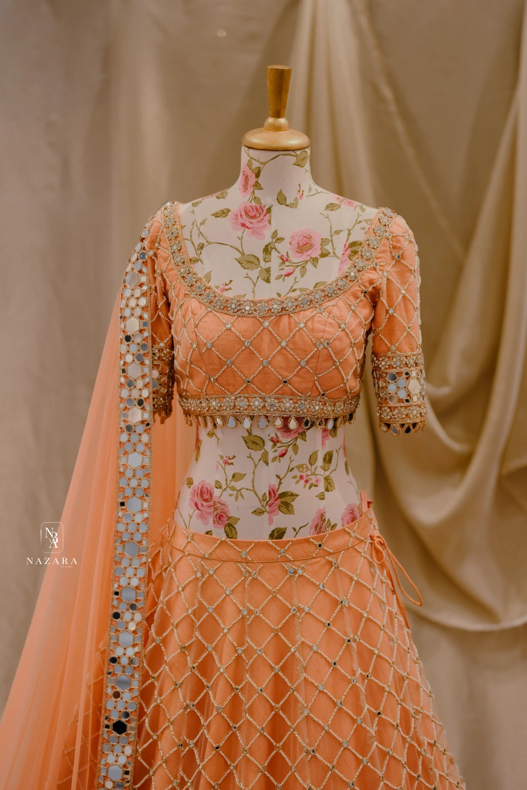 Peach Mirror Work Lehenga Set