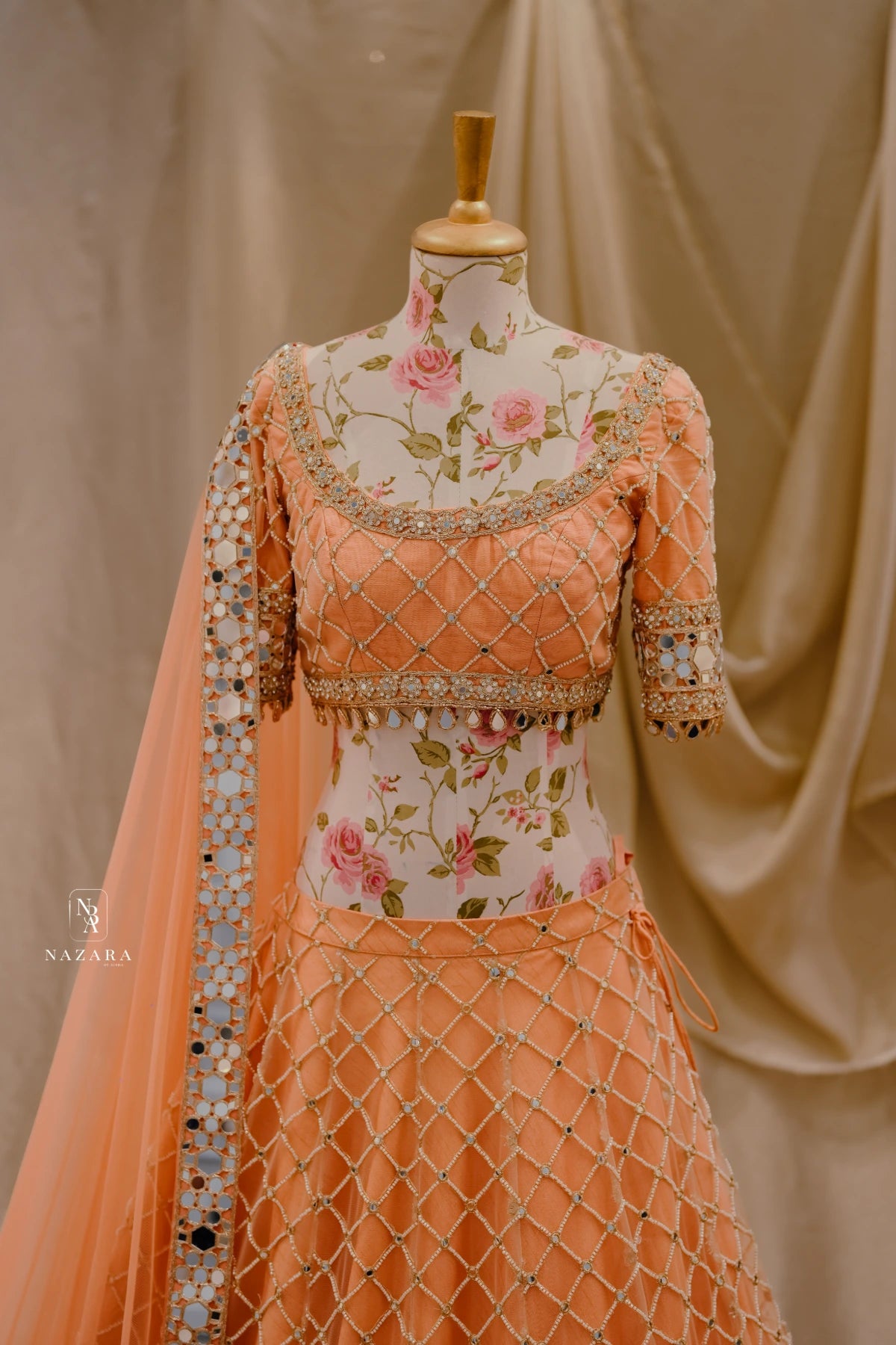 Peach Mirror Work Lehenga Set