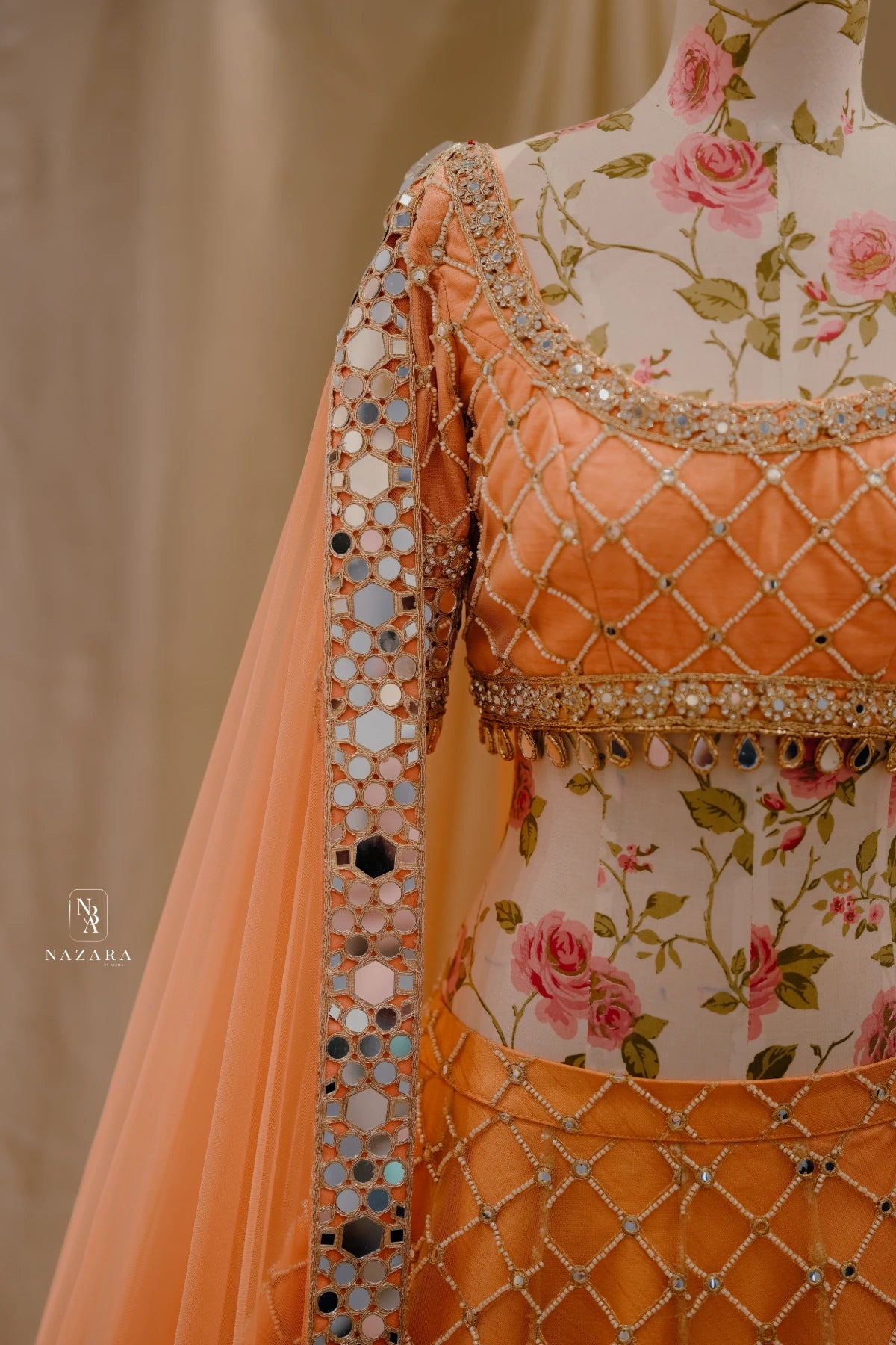 Peach Mirror Work Lehenga Set