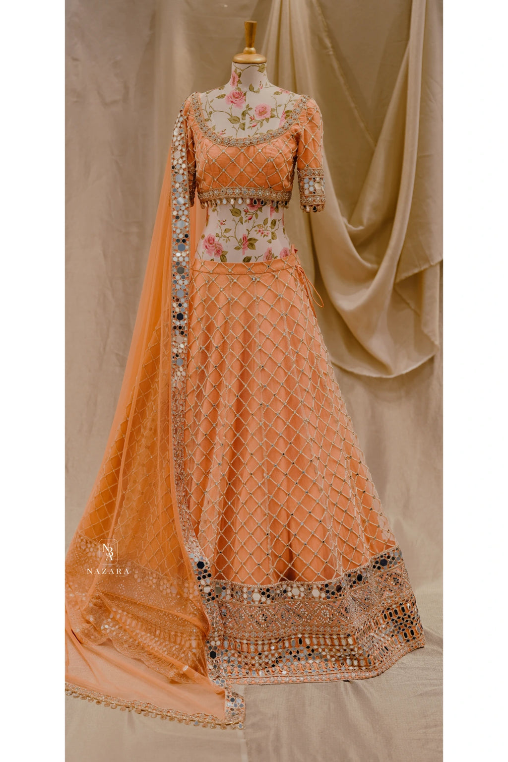 Peach Mirror Work Lehenga Set