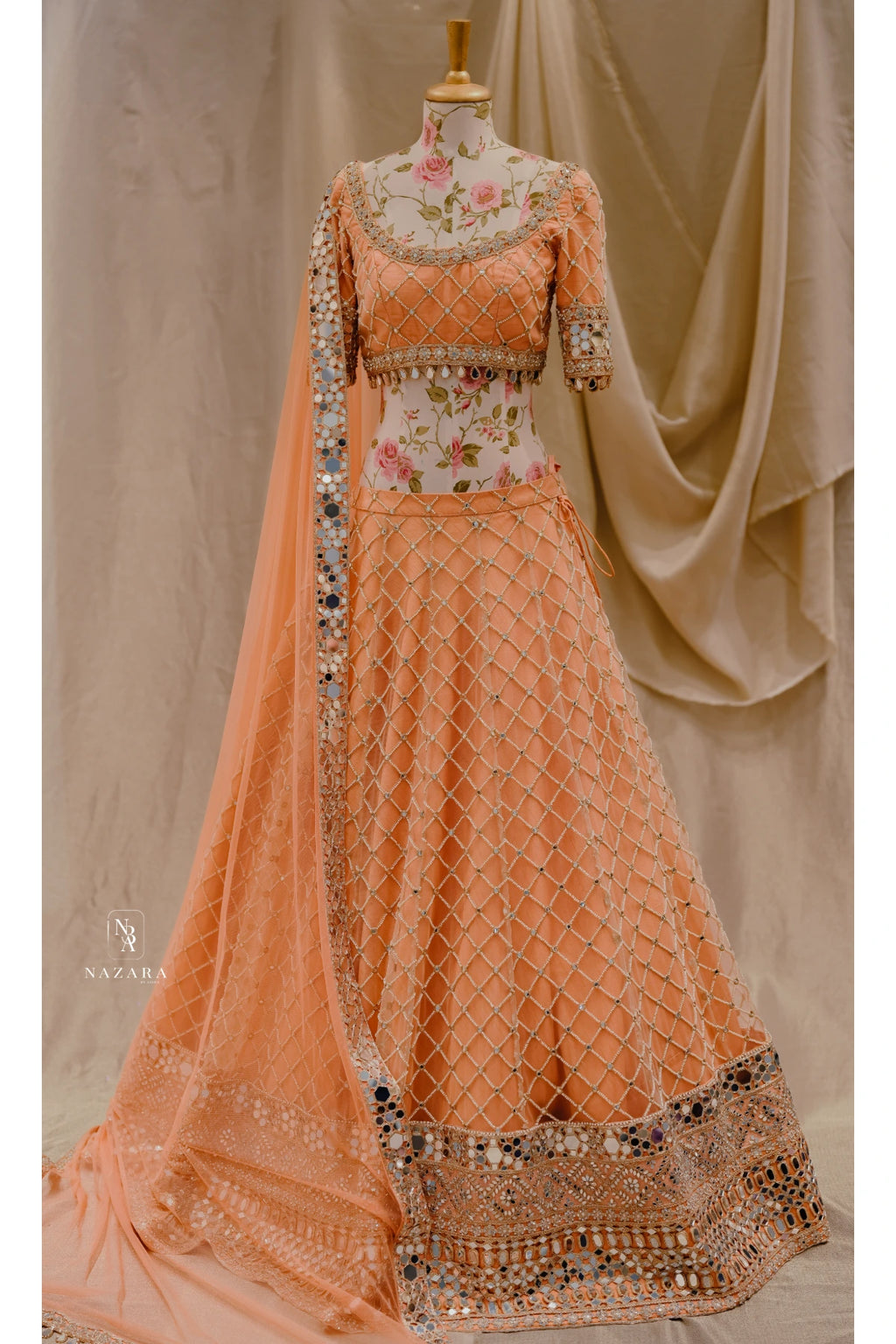 Peach Mirror Work Lehenga Set