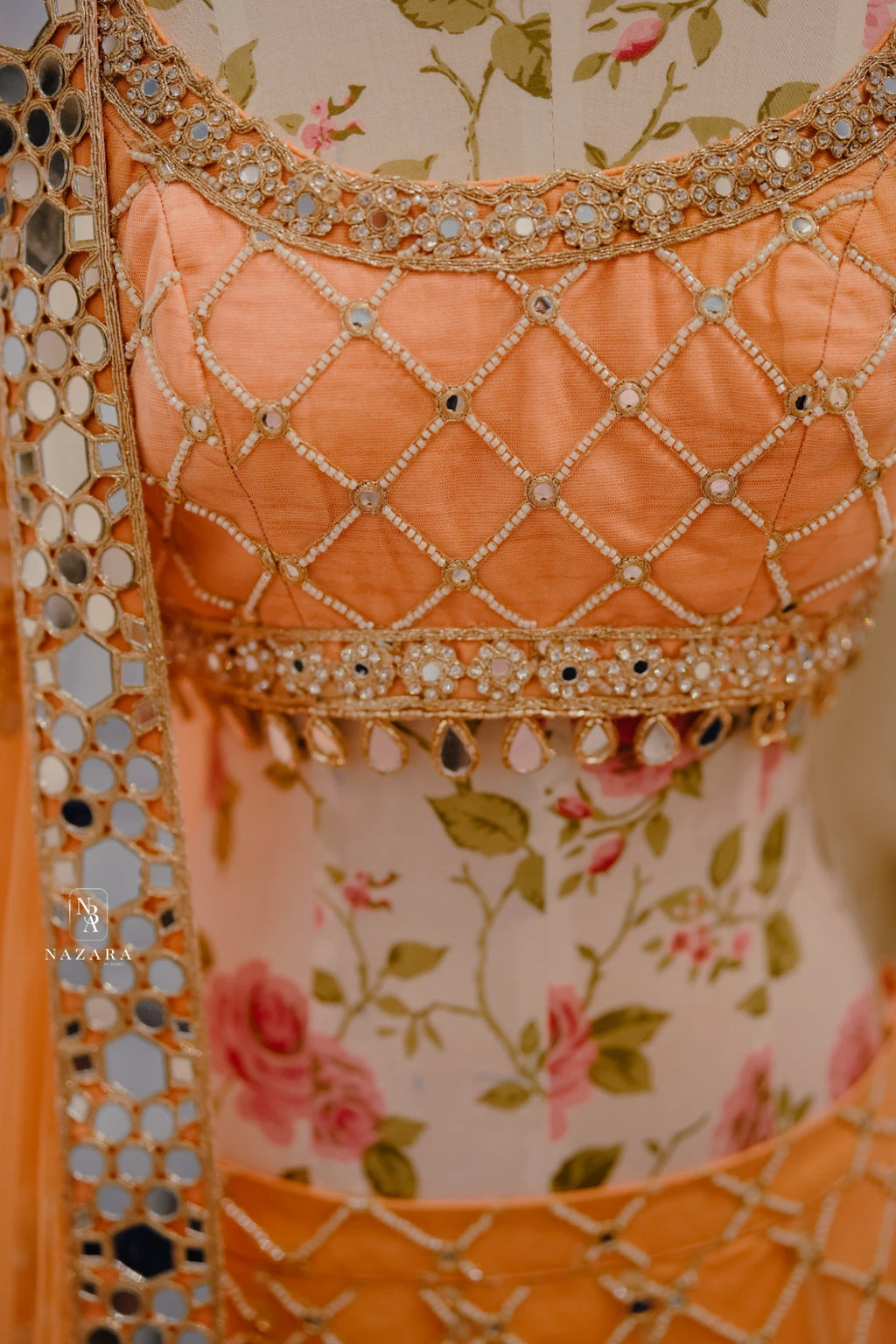 Peach Mirror Work Lehenga Set