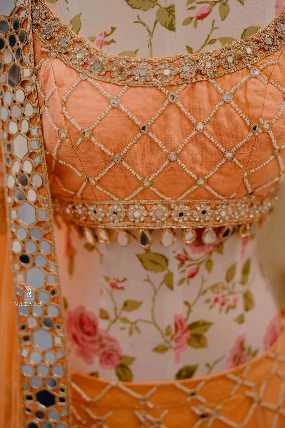 Peach Mirror Work Lehenga Set