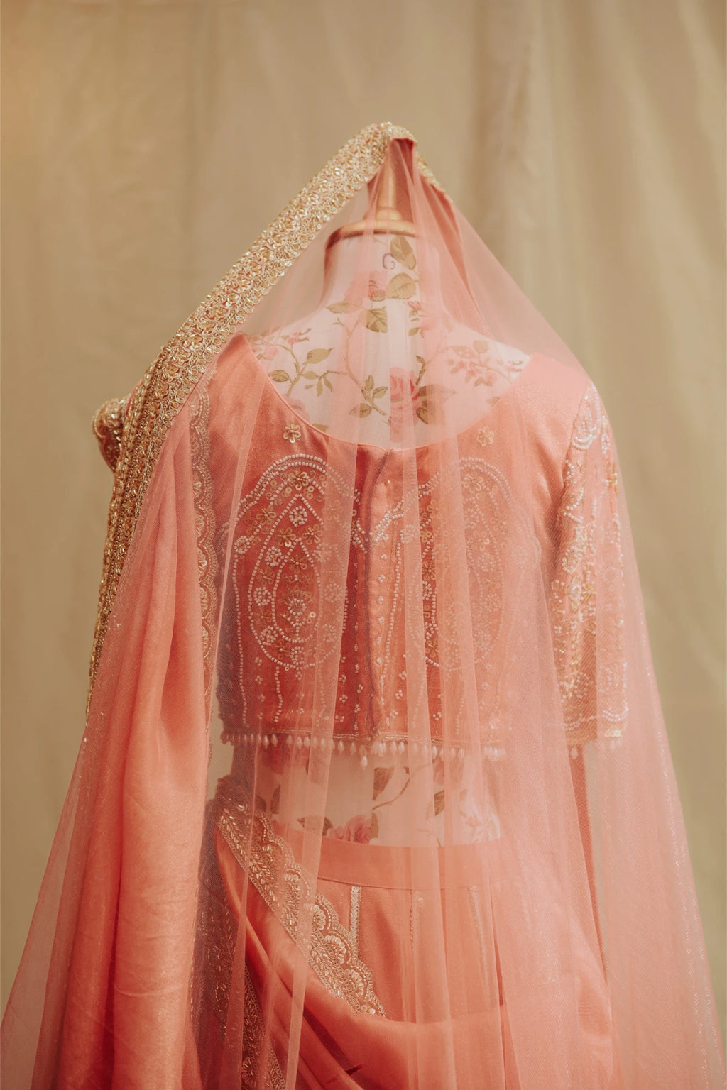 Peach Pink Tissue Silk Bridal Lehenga