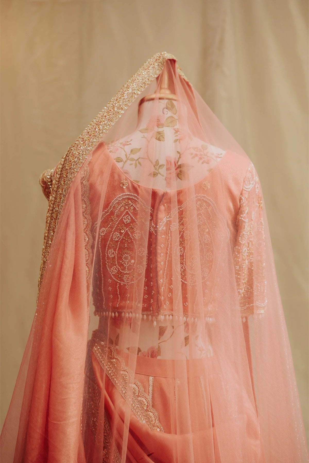 Peach Pink Tissue Silk Bridal Lehenga