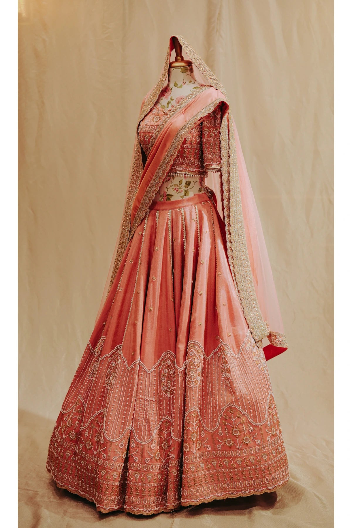 Peach Pink Tissue Silk Bridal Lehenga