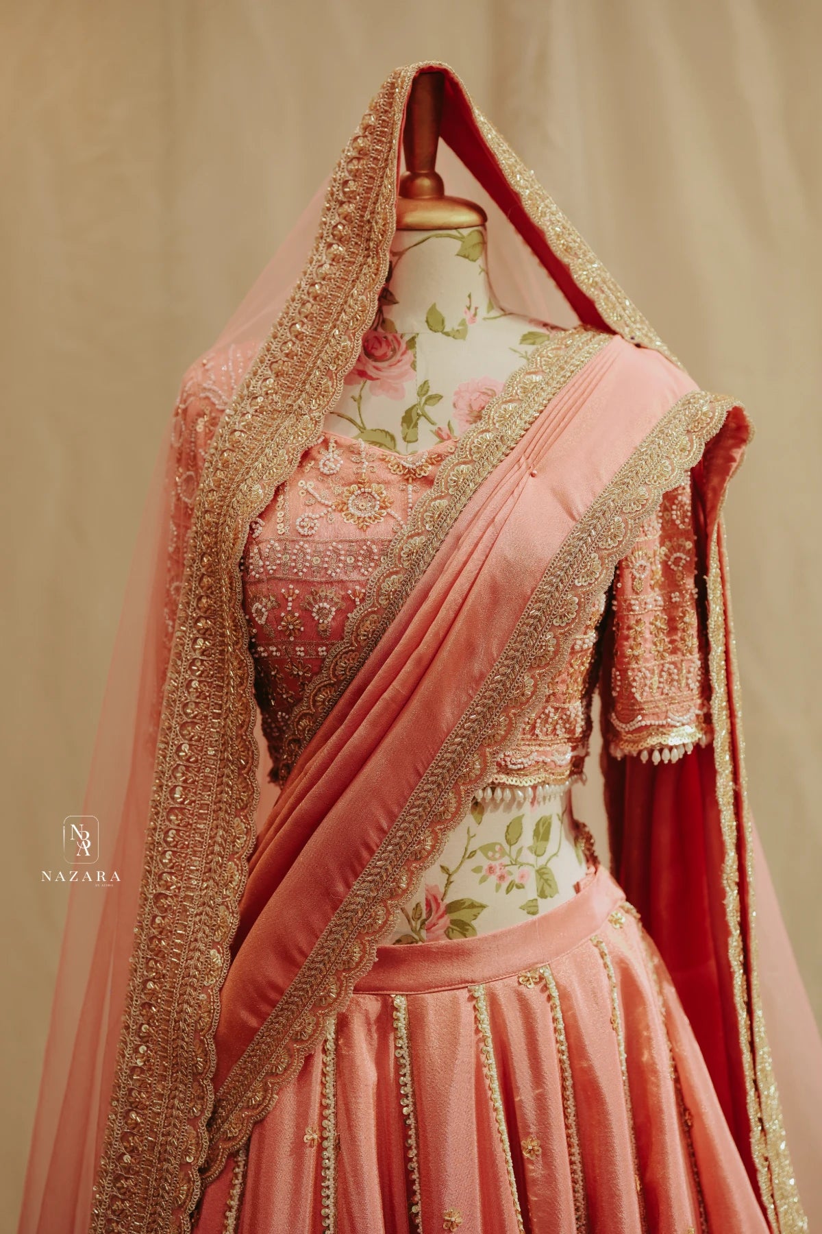 Peach Pink Tissue Silk Bridal Lehenga