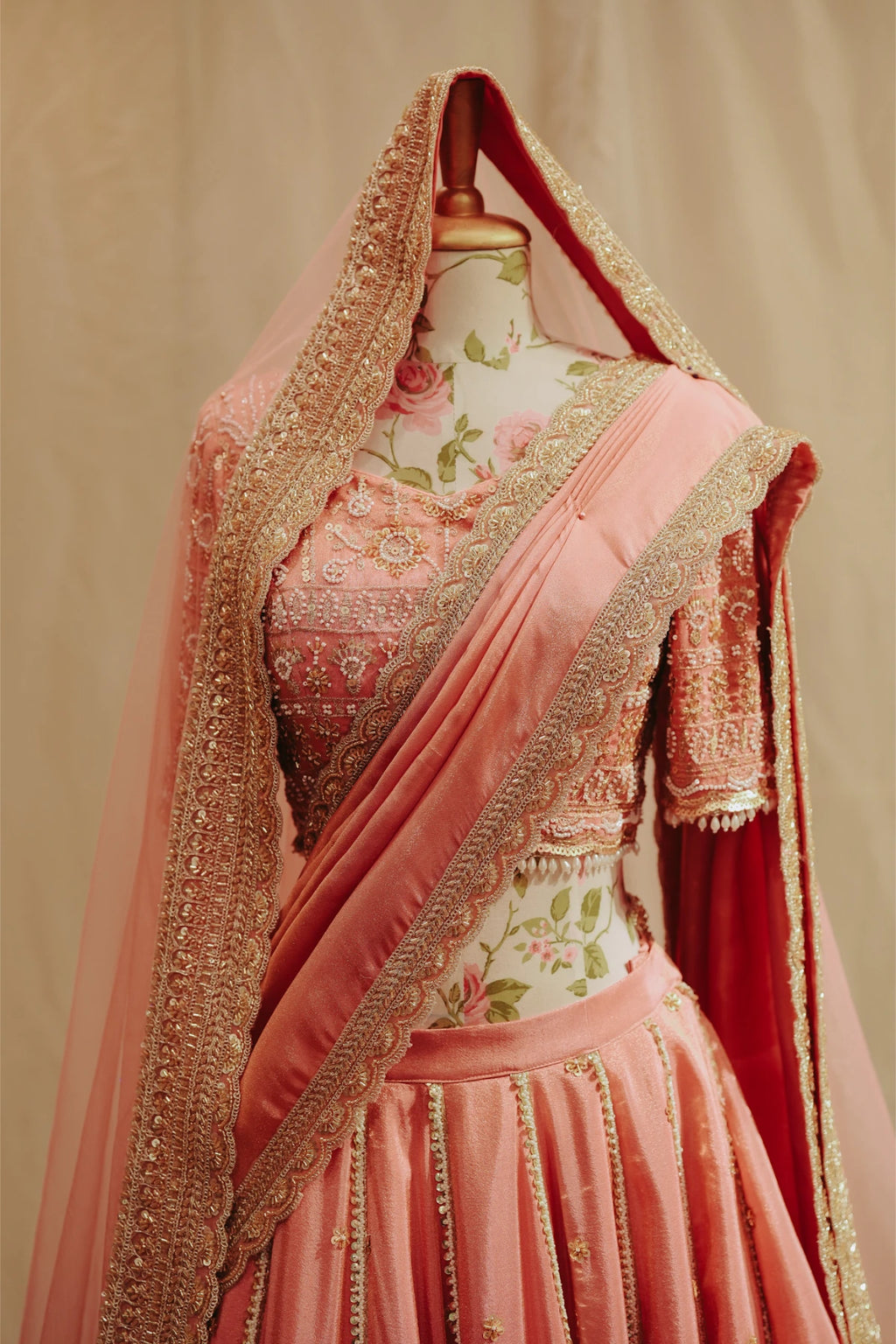 Peach Pink Tissue Silk Bridal Lehenga