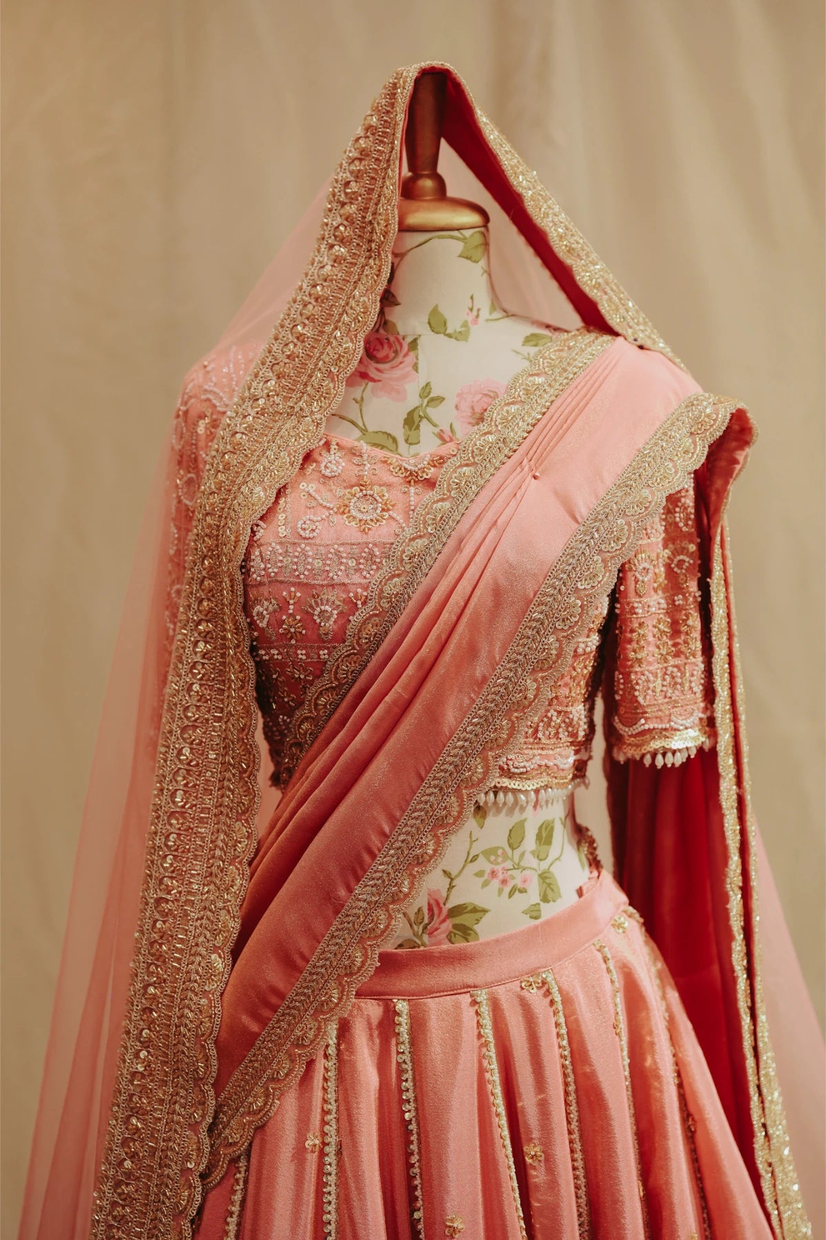 Peach Pink Tissue Silk Bridal Lehenga