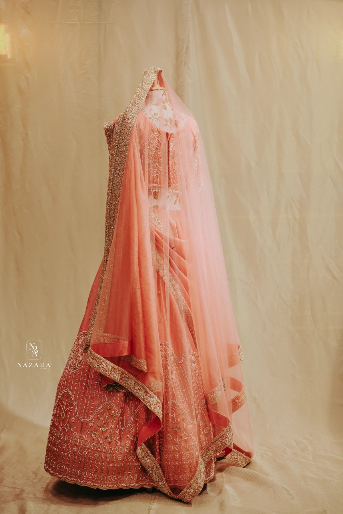 Peach Pink Tissue Silk Bridal Lehenga