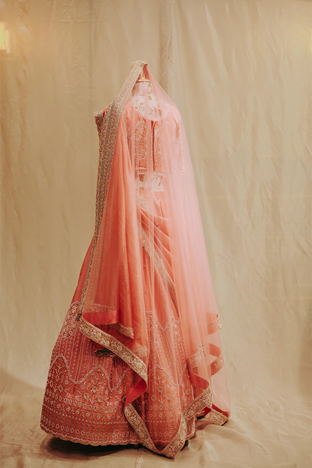 Peach Pink Tissue Silk Bridal Lehenga