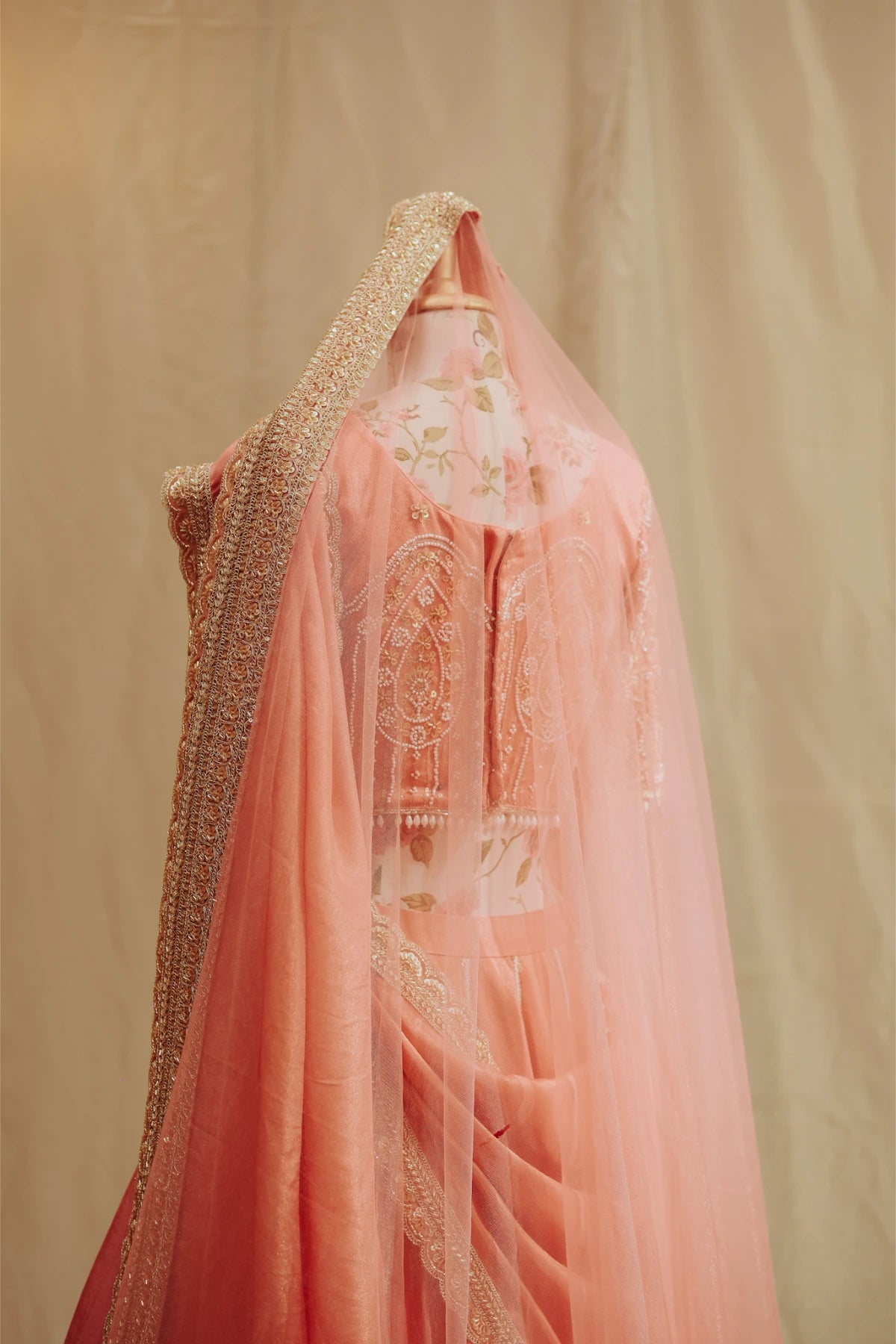 Peach Pink Tissue Silk Bridal Lehenga