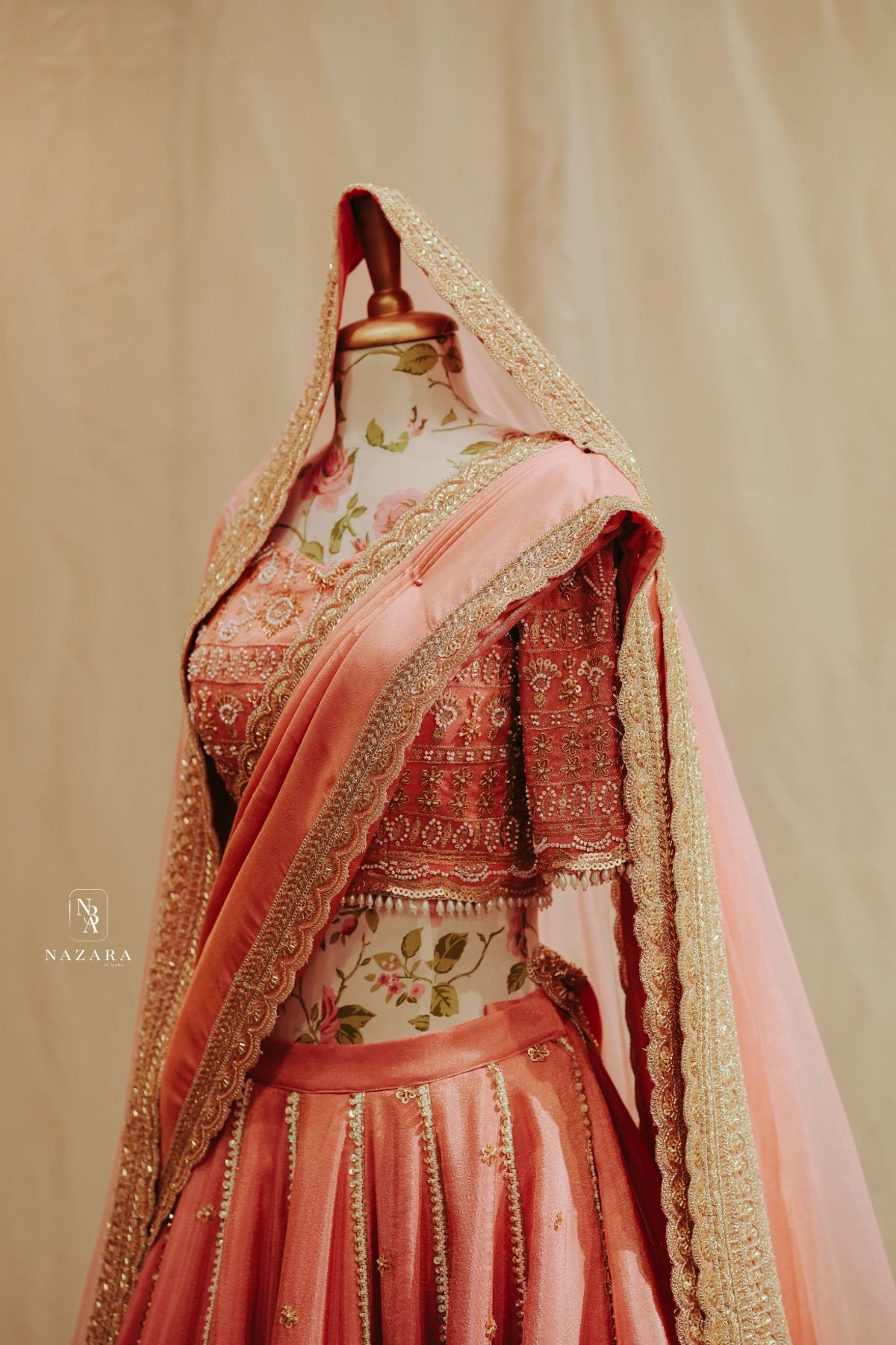 Peach Pink Tissue Silk Bridal Lehenga